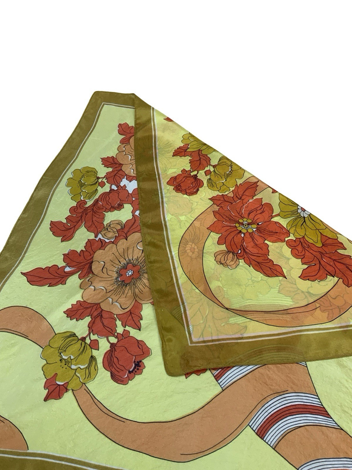 VTG 60S 70S YELLOW ORANGE CREAM FLORAL CORNUCOPIA RIBBON SCARF