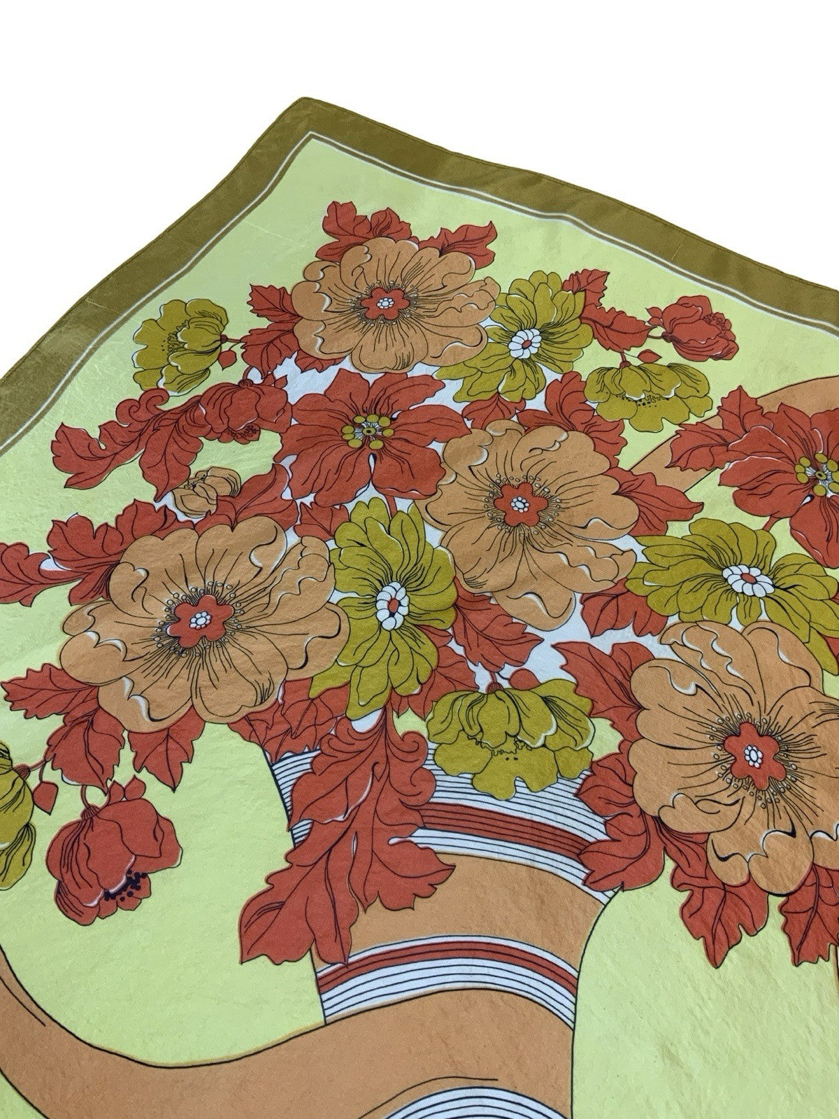 VTG 60S 70S YELLOW ORANGE CREAM FLORAL CORNUCOPIA RIBBON SCARF