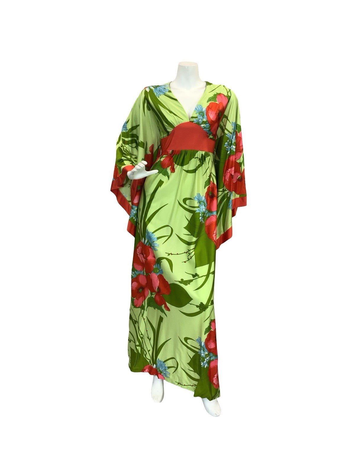 VTG 70S GREEN RED BLUE POPPY FLORAL BELL SLEEVE KIMONO BOHO MAXI DRESS 8 10 S