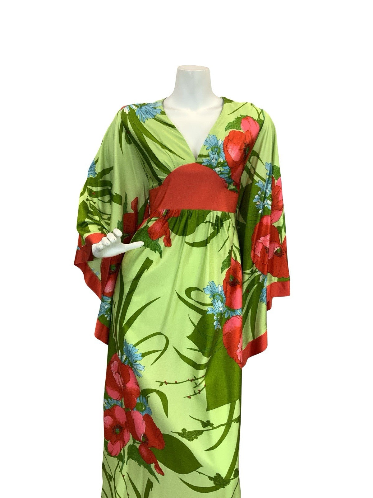 VTG 70S GREEN RED BLUE POPPY FLORAL BELL SLEEVE KIMONO BOHO MAXI DRESS 8 10 S