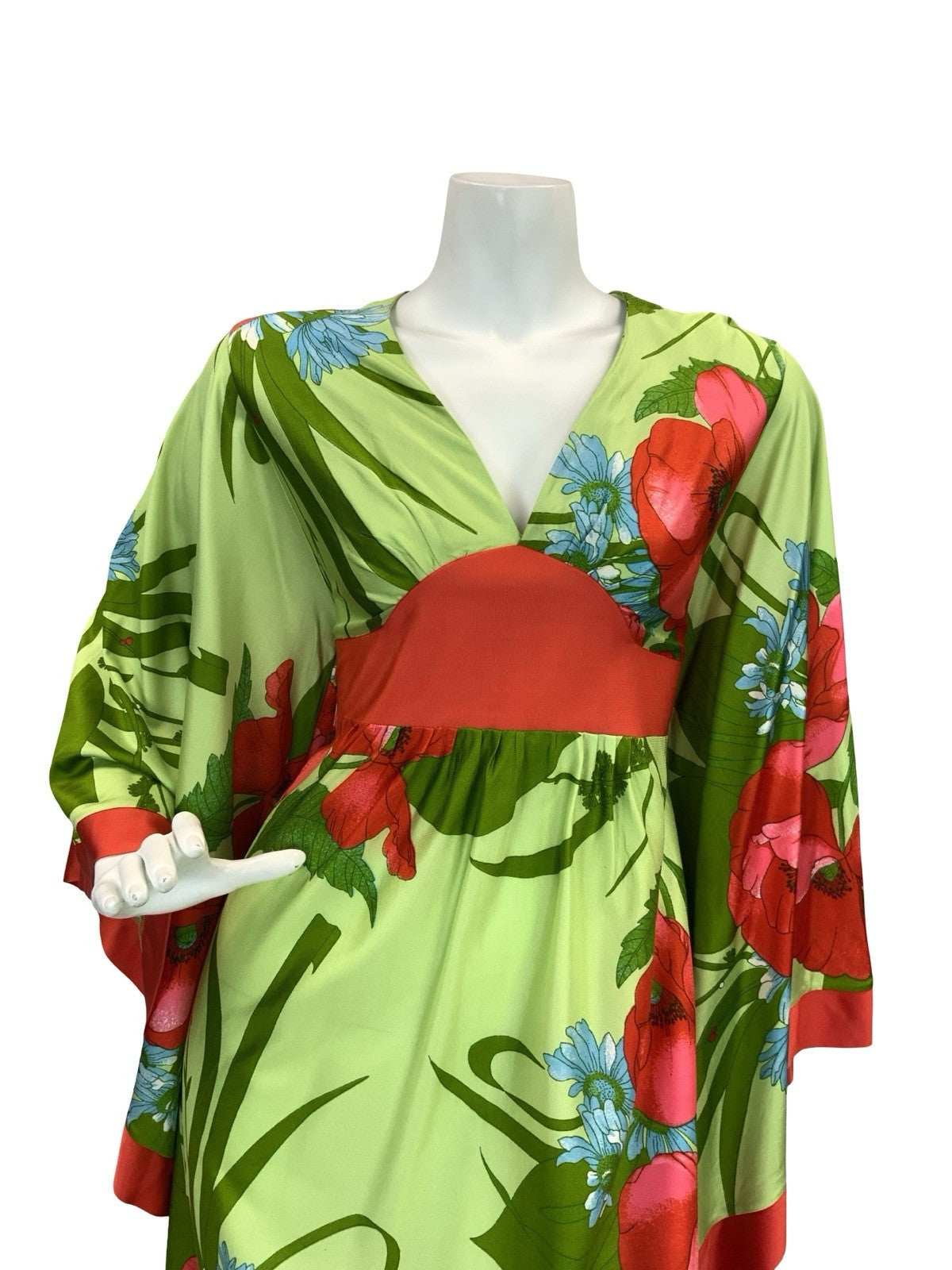 VTG 70S GREEN RED BLUE POPPY FLORAL BELL SLEEVE KIMONO BOHO MAXI DRESS 8 10 S