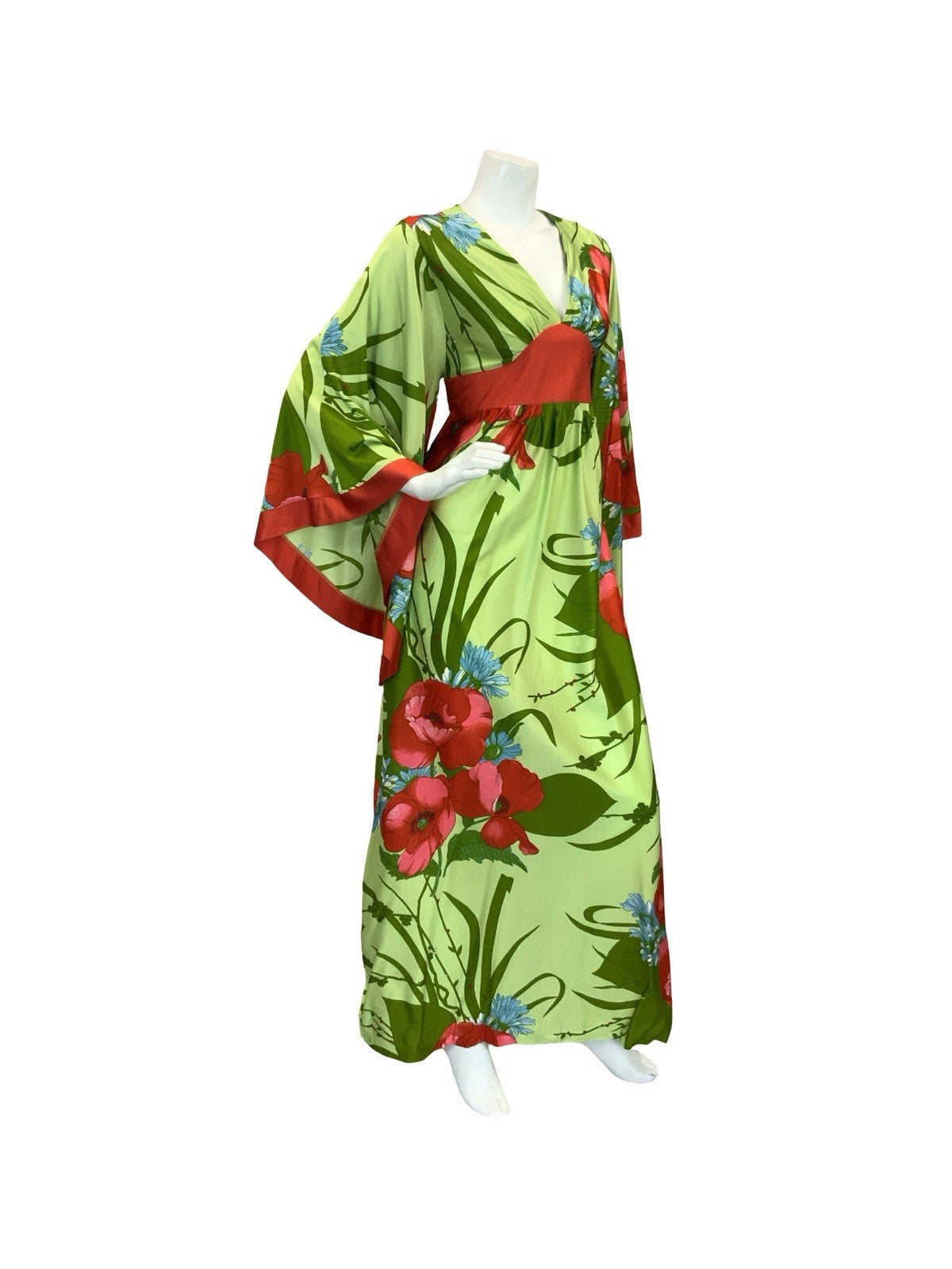 VTG 70S GREEN RED BLUE POPPY FLORAL BELL SLEEVE KIMONO BOHO MAXI DRESS 8 10 S