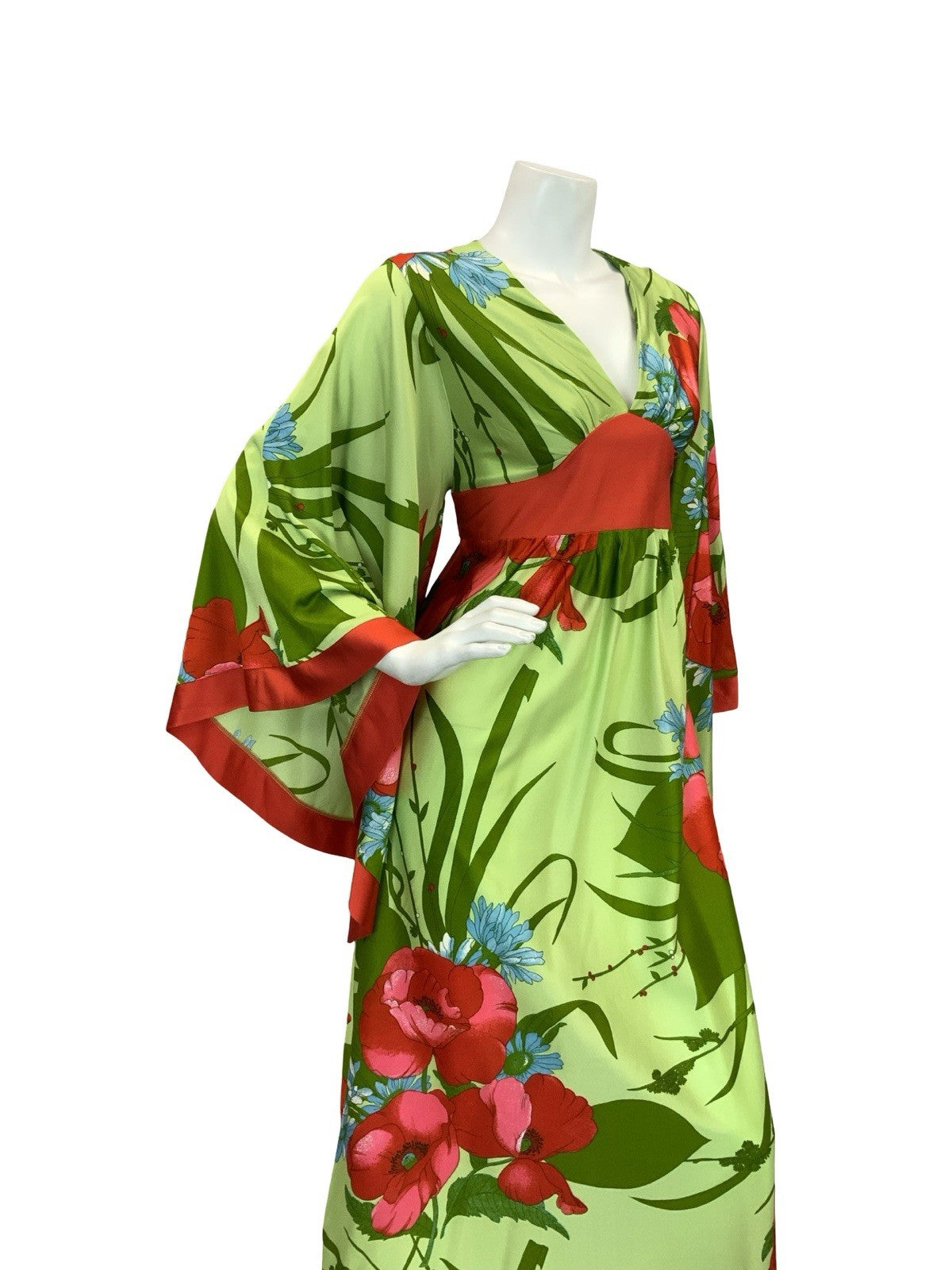 VTG 70S GREEN RED BLUE POPPY FLORAL BELL SLEEVE KIMONO BOHO MAXI DRESS 8 10 S