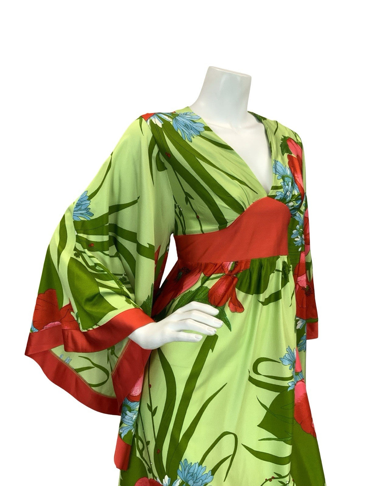VTG 70S GREEN RED BLUE POPPY FLORAL BELL SLEEVE KIMONO BOHO MAXI DRESS 8 10 S