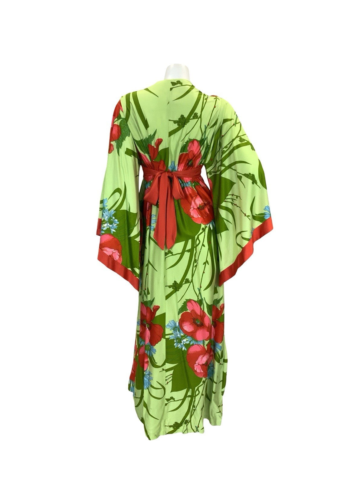 VTG 70S GREEN RED BLUE POPPY FLORAL BELL SLEEVE KIMONO BOHO MAXI DRESS 8 10 S