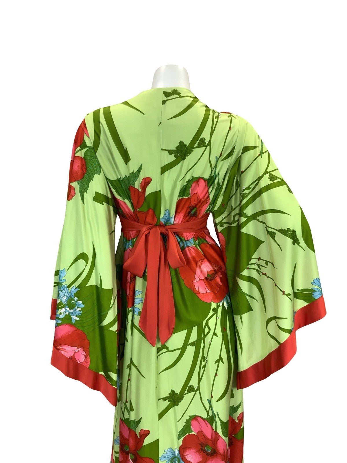 VTG 70S GREEN RED BLUE POPPY FLORAL BELL SLEEVE KIMONO BOHO MAXI DRESS 8 10 S