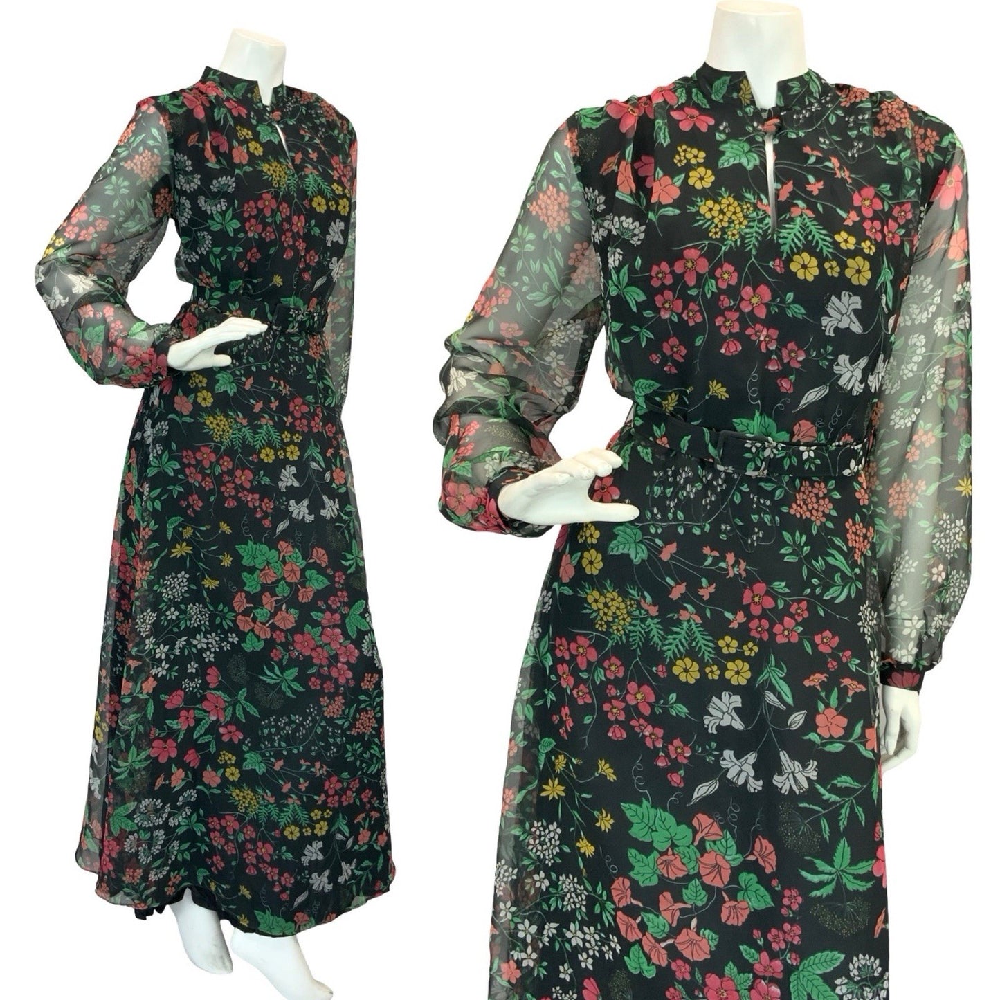 VTG 60S 70S BLACK RED GREEN YELLOW FLORAL MANDARIN MESH BELTED MAXI DRESS 12