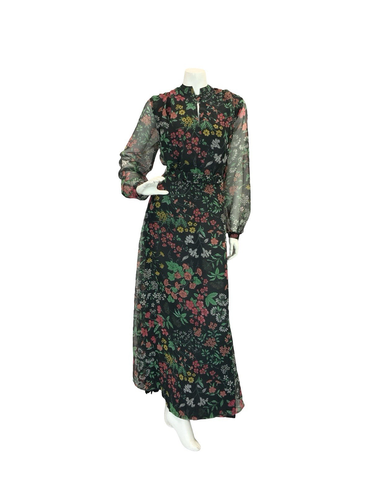 VTG 60S 70S BLACK RED GREEN YELLOW FLORAL MANDARIN MESH BELTED MAXI DRESS 12