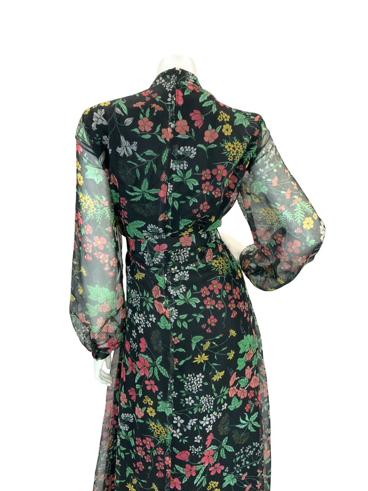 VTG 60S 70S BLACK RED GREEN YELLOW FLORAL MANDARIN MESH BELTED MAXI DRESS 12