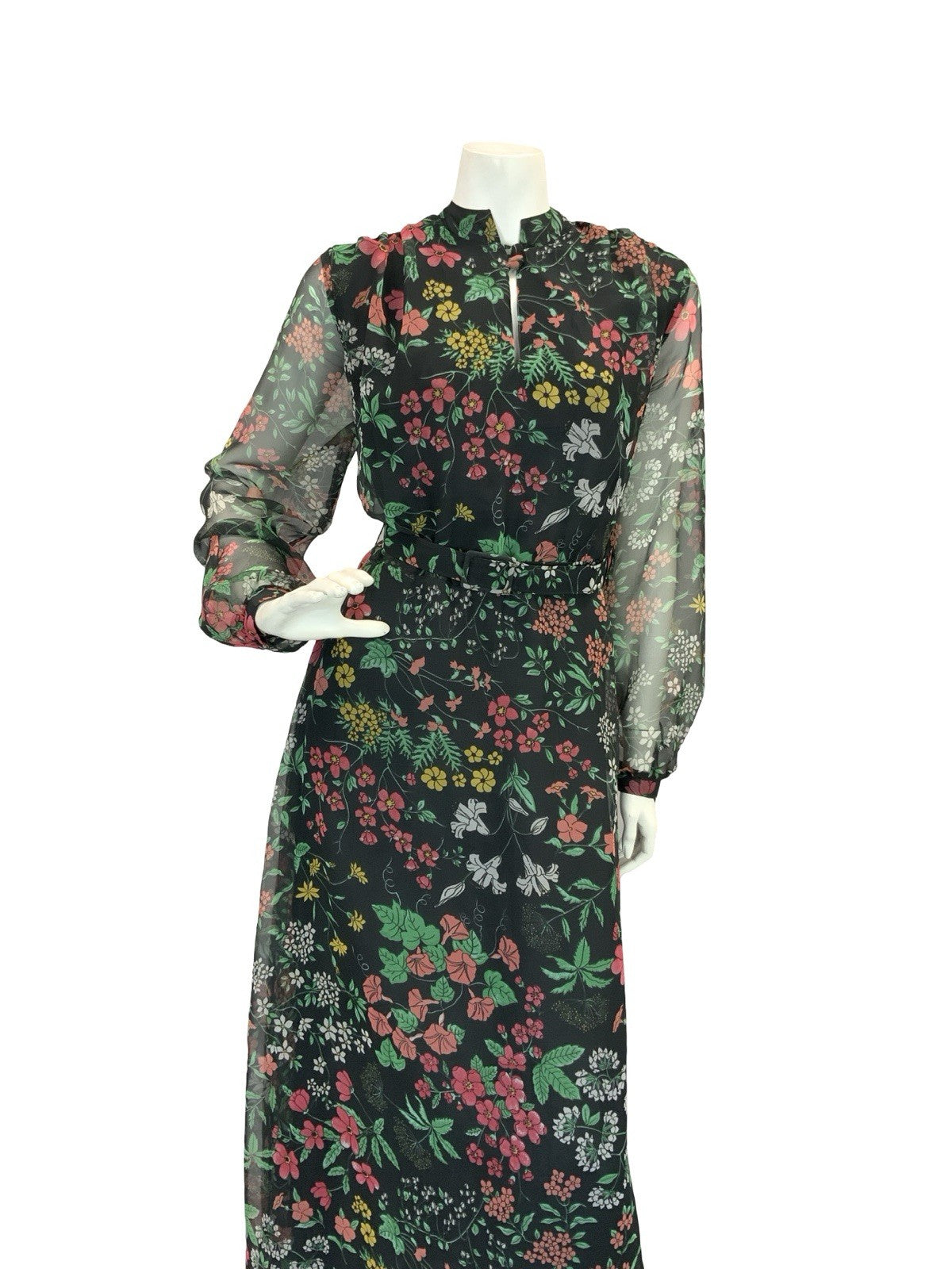 VTG 60S 70S BLACK RED GREEN YELLOW FLORAL MANDARIN MESH BELTED MAXI DRESS 12