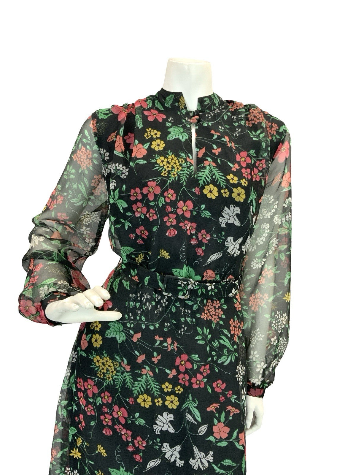 VTG 60S 70S BLACK RED GREEN YELLOW FLORAL MANDARIN MESH BELTED MAXI DRESS 12