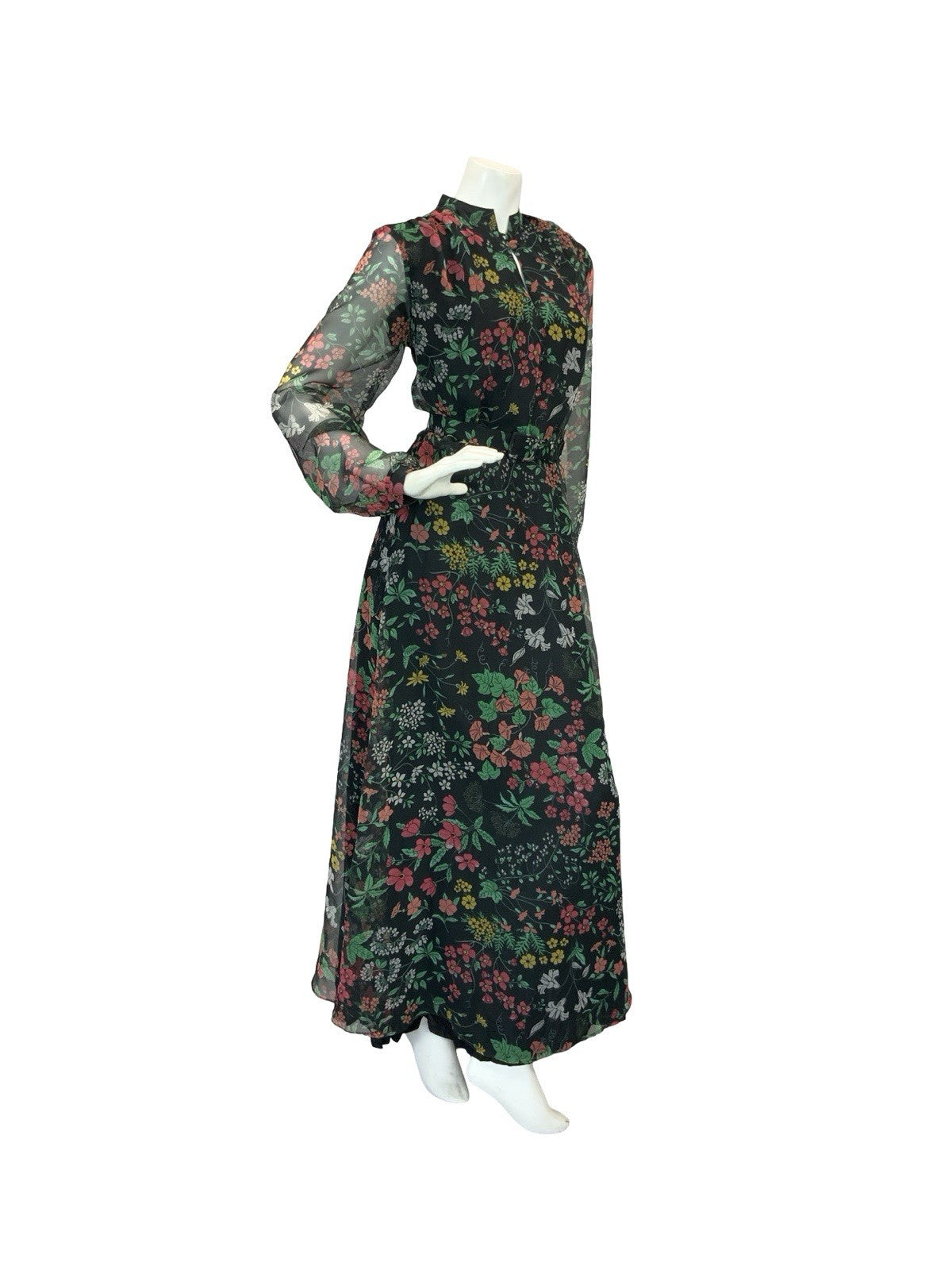 VTG 60S 70S BLACK RED GREEN YELLOW FLORAL MANDARIN MESH BELTED MAXI DRESS 12