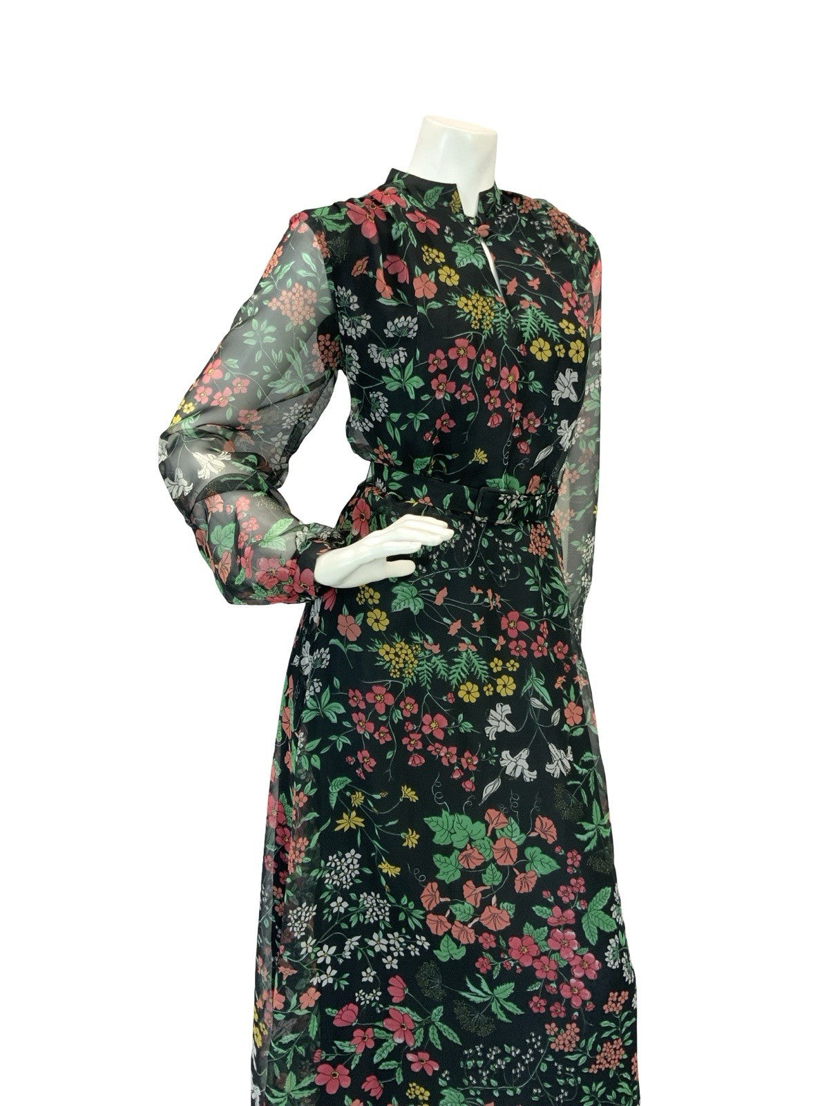 VTG 60S 70S BLACK RED GREEN YELLOW FLORAL MANDARIN MESH BELTED MAXI DRESS 12