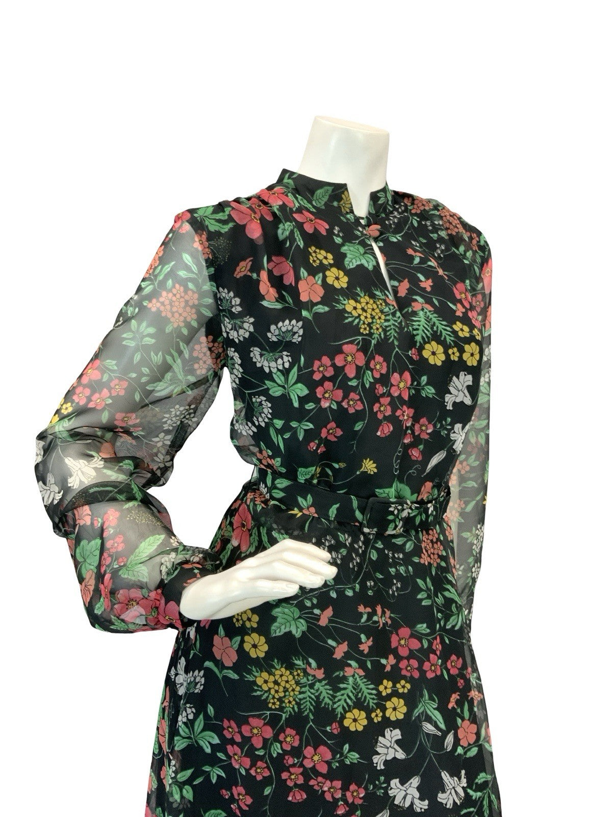 VTG 60S 70S BLACK RED GREEN YELLOW FLORAL MANDARIN MESH BELTED MAXI DRESS 12