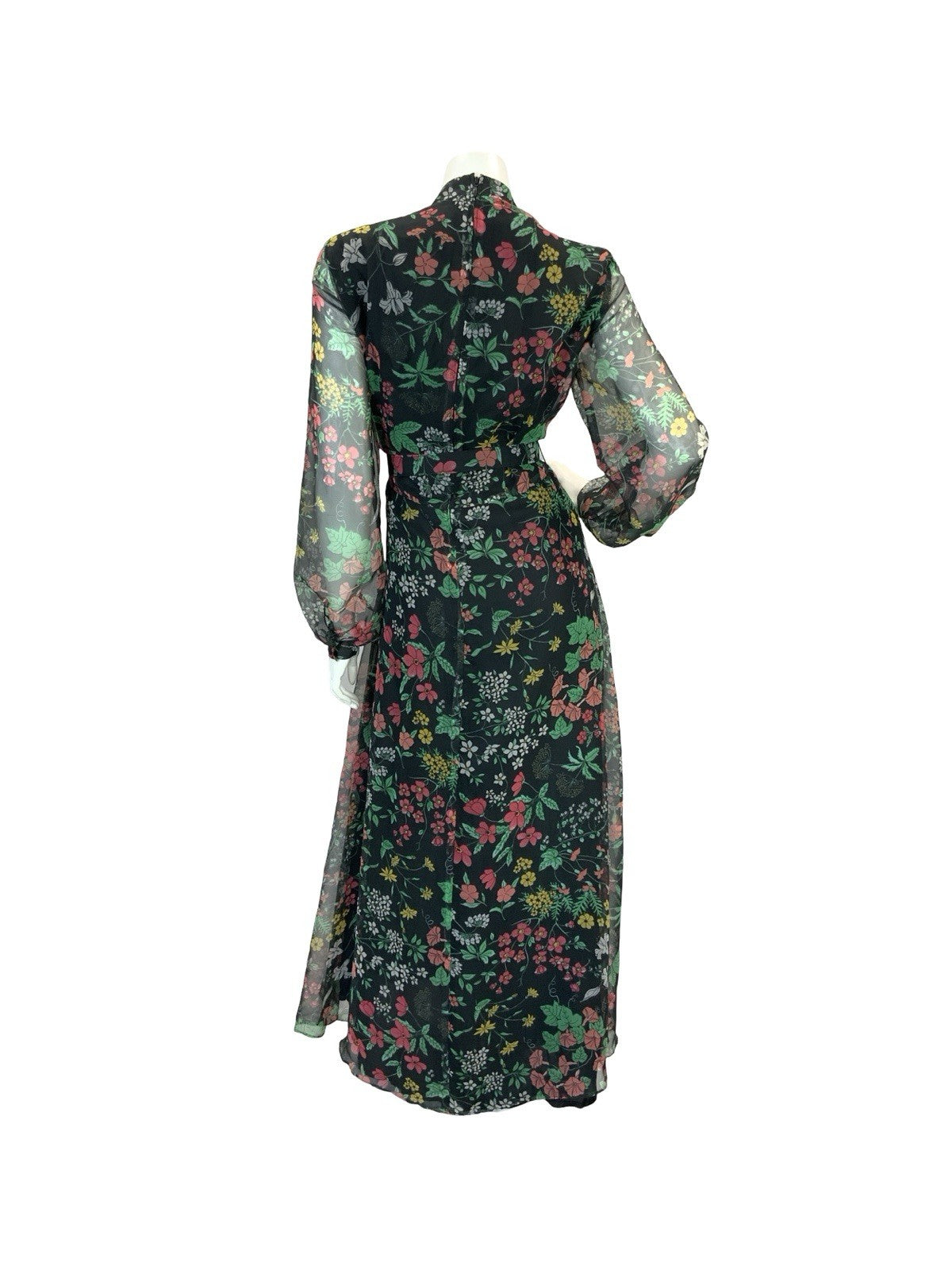 VTG 60S 70S BLACK RED GREEN YELLOW FLORAL MANDARIN MESH BELTED MAXI DRESS 12