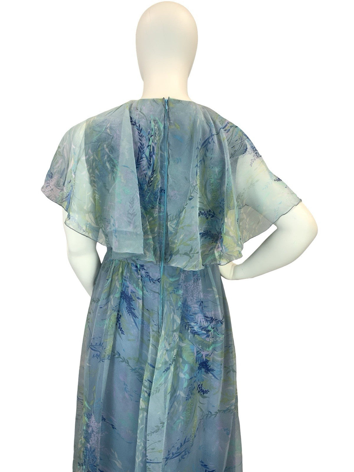 VTG 60S 70S BLUE GREEN PURPLE BOHO LEAFY CAPE SLEEVE MESH MAXI DRESS 16 18 L
