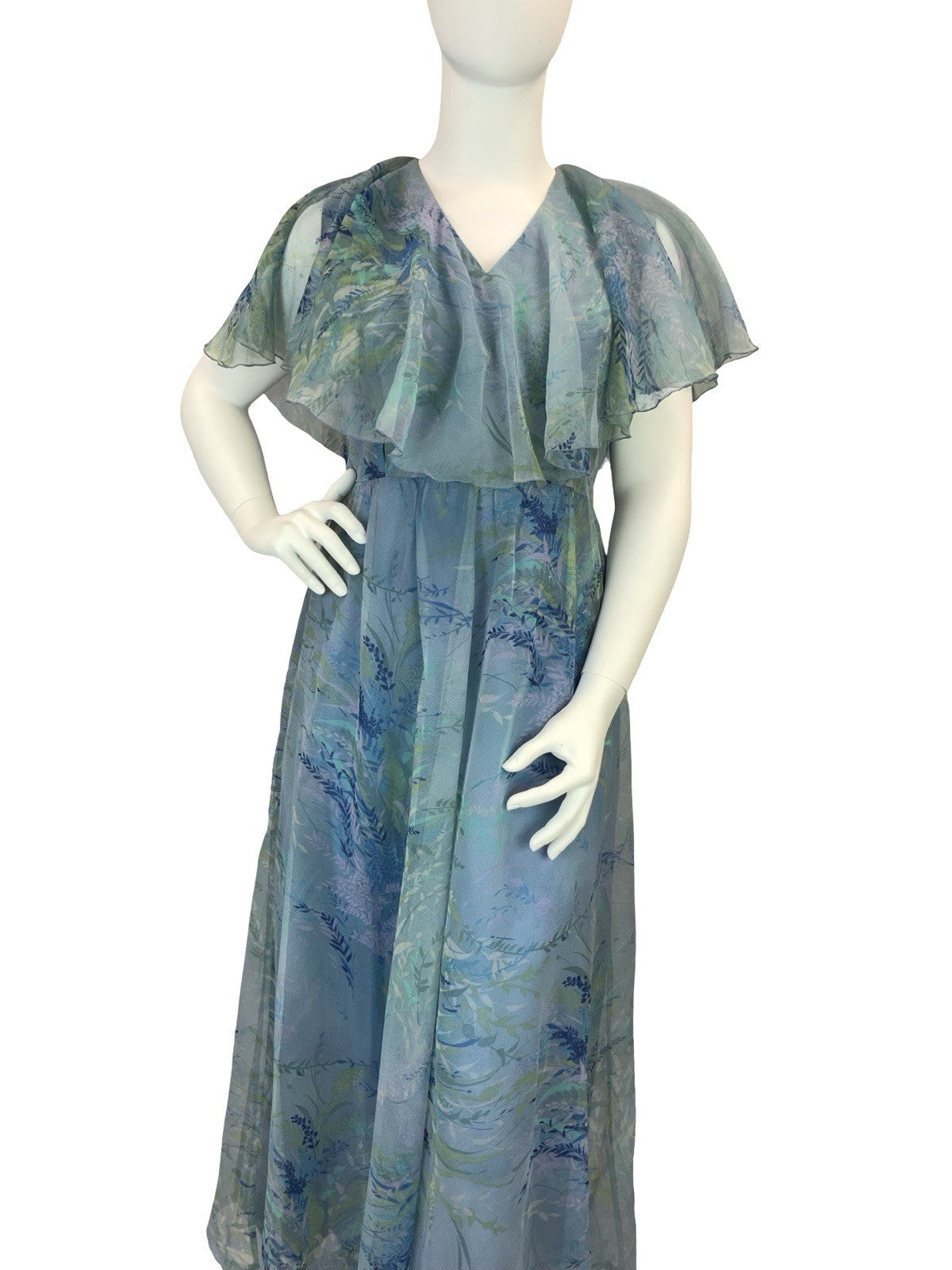 VTG 60S 70S BLUE GREEN PURPLE BOHO LEAFY CAPE SLEEVE MESH MAXI DRESS 16 18 L