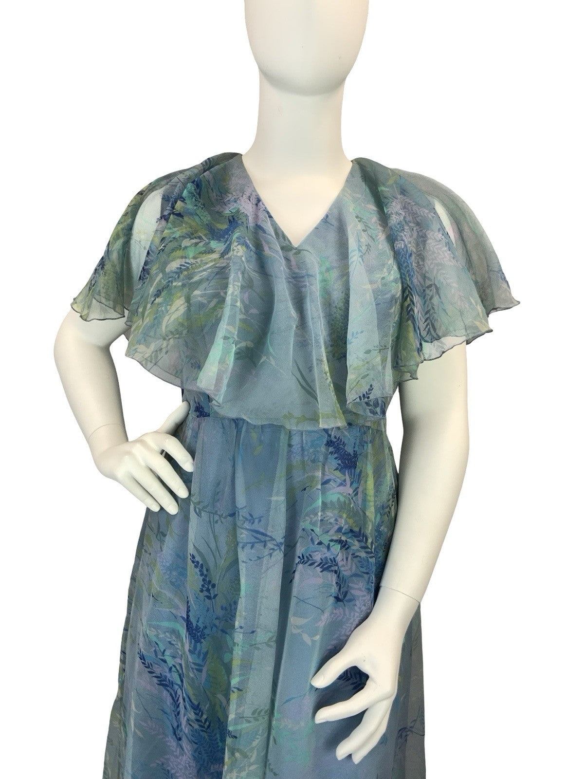 VTG 60S 70S BLUE GREEN PURPLE BOHO LEAFY CAPE SLEEVE MESH MAXI DRESS 16 18 L