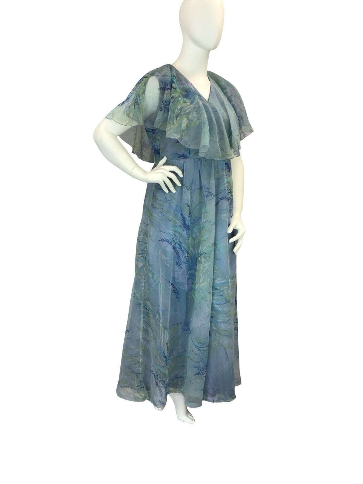 VTG 60S 70S BLUE GREEN PURPLE BOHO LEAFY CAPE SLEEVE MESH MAXI DRESS 16 18 L