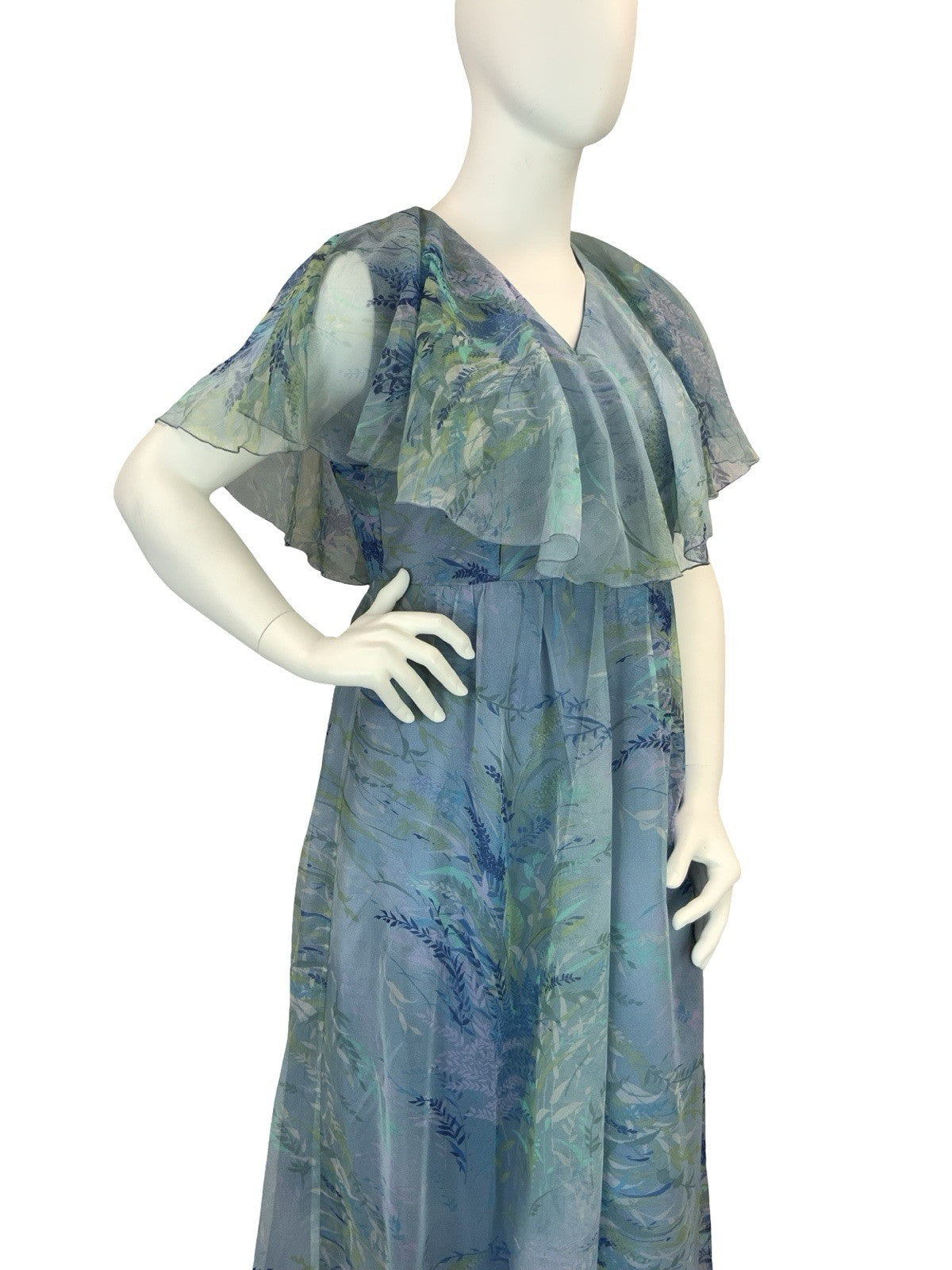 VTG 60S 70S BLUE GREEN PURPLE BOHO LEAFY CAPE SLEEVE MESH MAXI DRESS 16 18 L