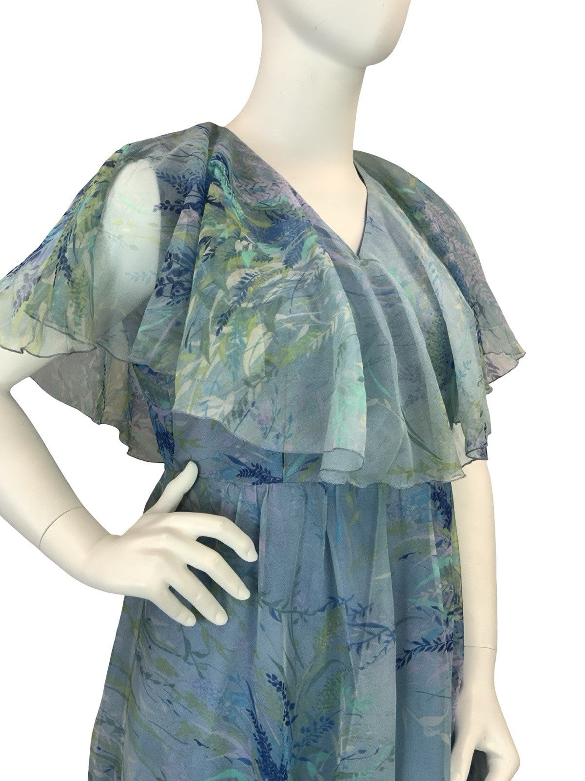 VTG 60S 70S BLUE GREEN PURPLE BOHO LEAFY CAPE SLEEVE MESH MAXI DRESS 16 18 L