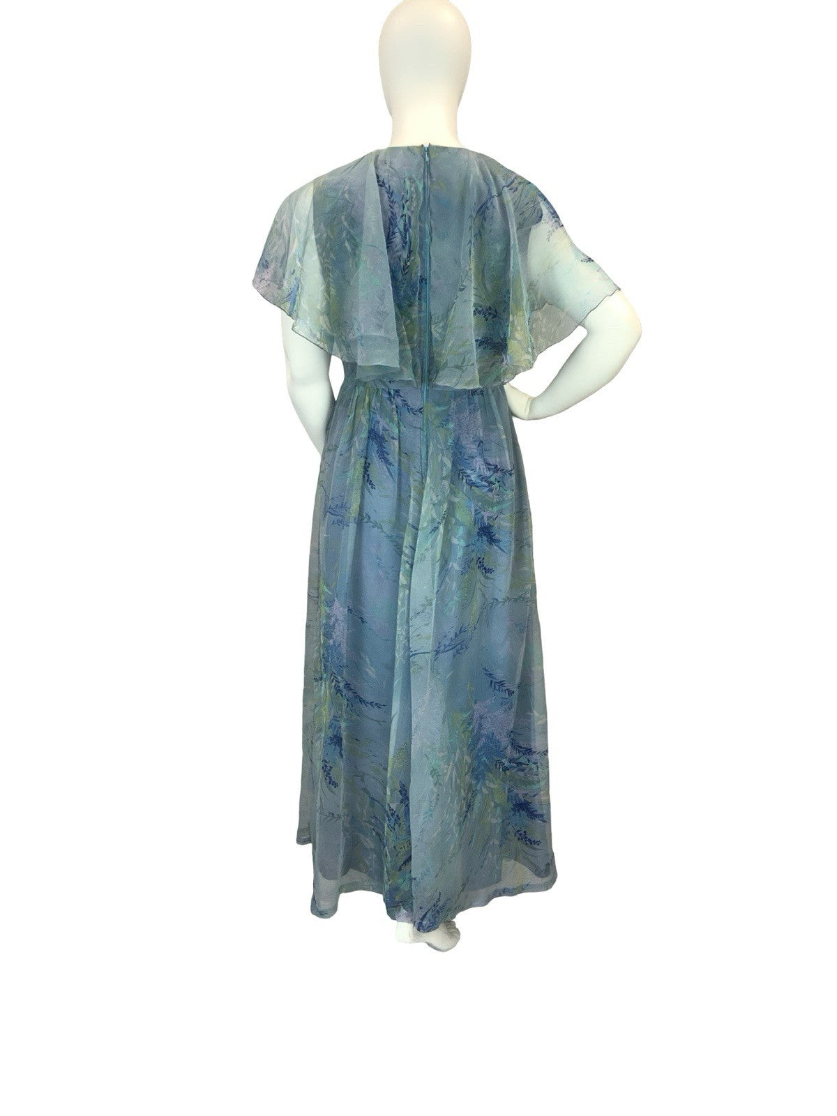 VTG 60S 70S BLUE GREEN PURPLE BOHO LEAFY CAPE SLEEVE MESH MAXI DRESS 16 18 L
