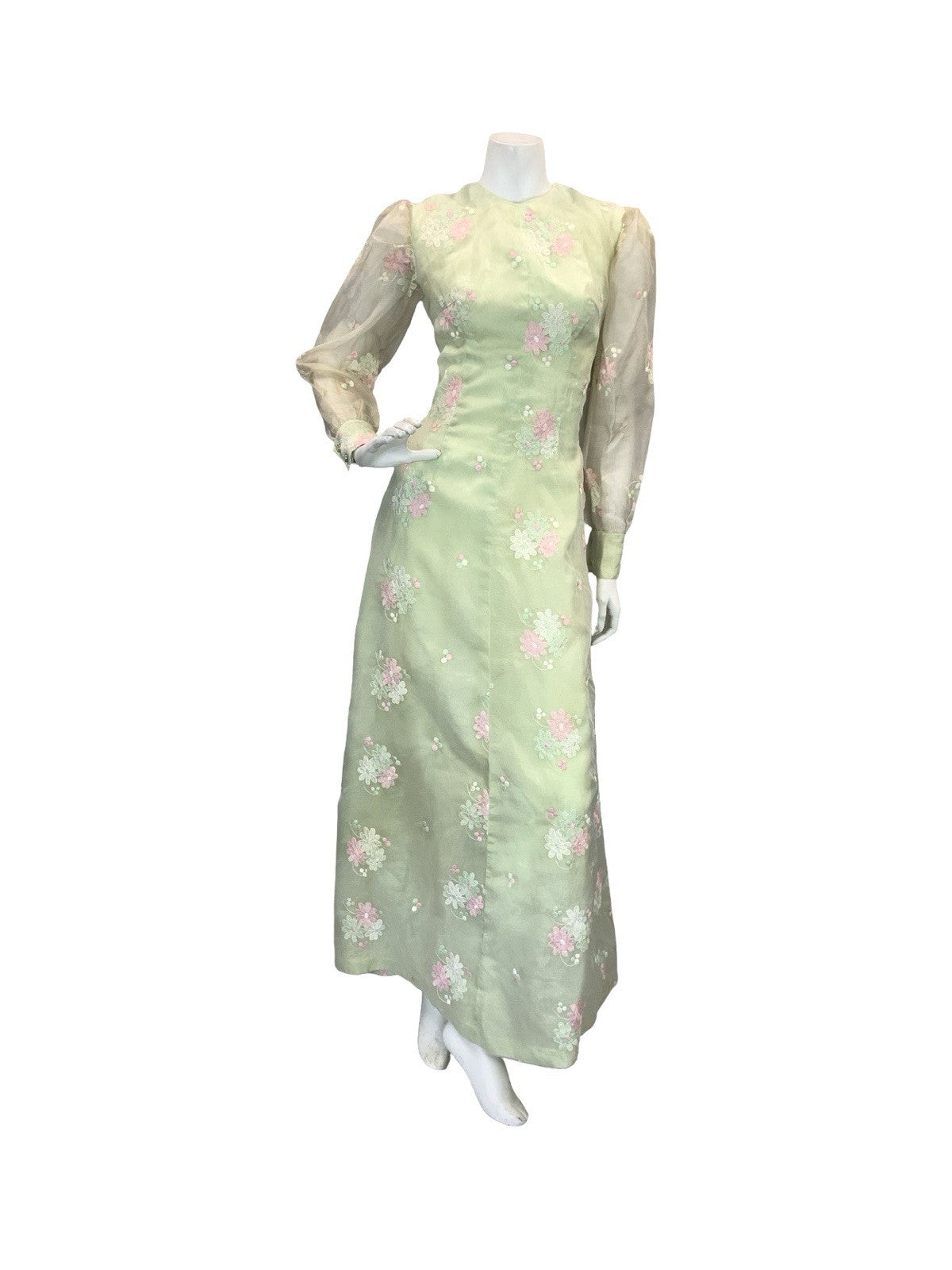 VTG 60S 70S GREEN PINK WHITE FLORAL EMBROIDERY MESH BISHOP SLEEVE MAXI DRESS 6 8