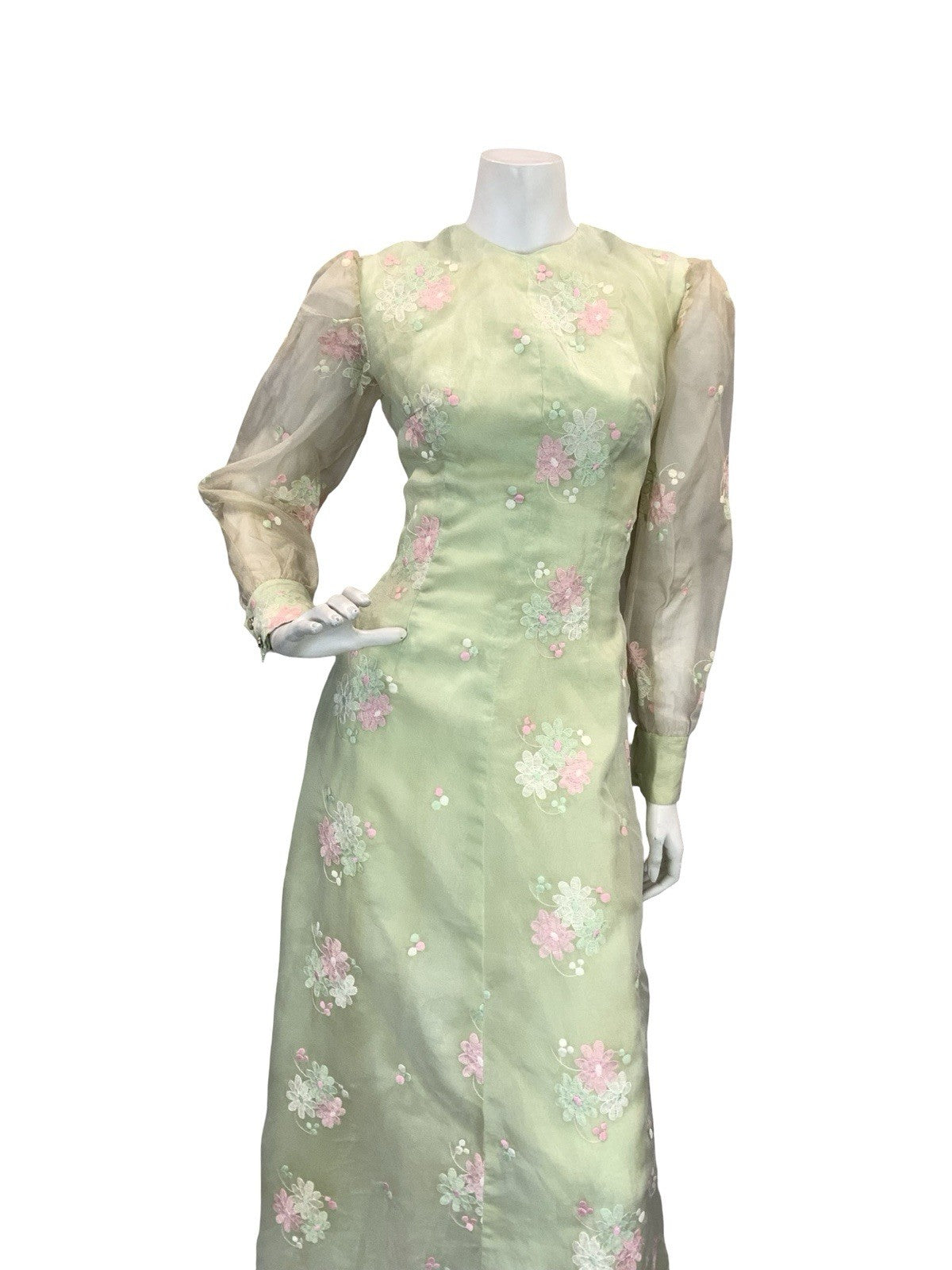 VTG 60S 70S GREEN PINK WHITE FLORAL EMBROIDERY MESH BISHOP SLEEVE MAXI DRESS 6 8