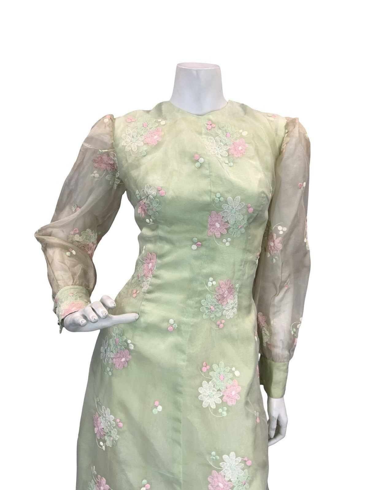 VTG 60S 70S GREEN PINK WHITE FLORAL EMBROIDERY MESH BISHOP SLEEVE MAXI DRESS 6 8