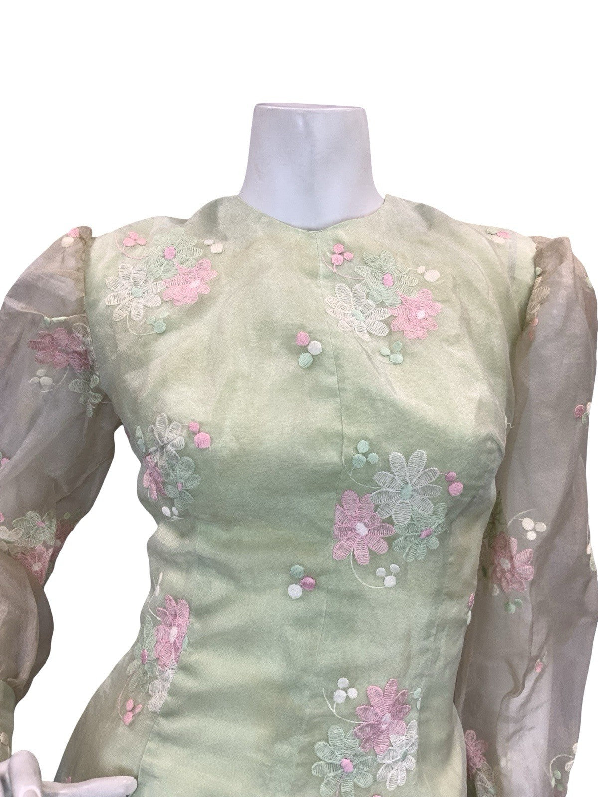 VTG 60S 70S GREEN PINK WHITE FLORAL EMBROIDERY MESH BISHOP SLEEVE MAXI DRESS 6 8