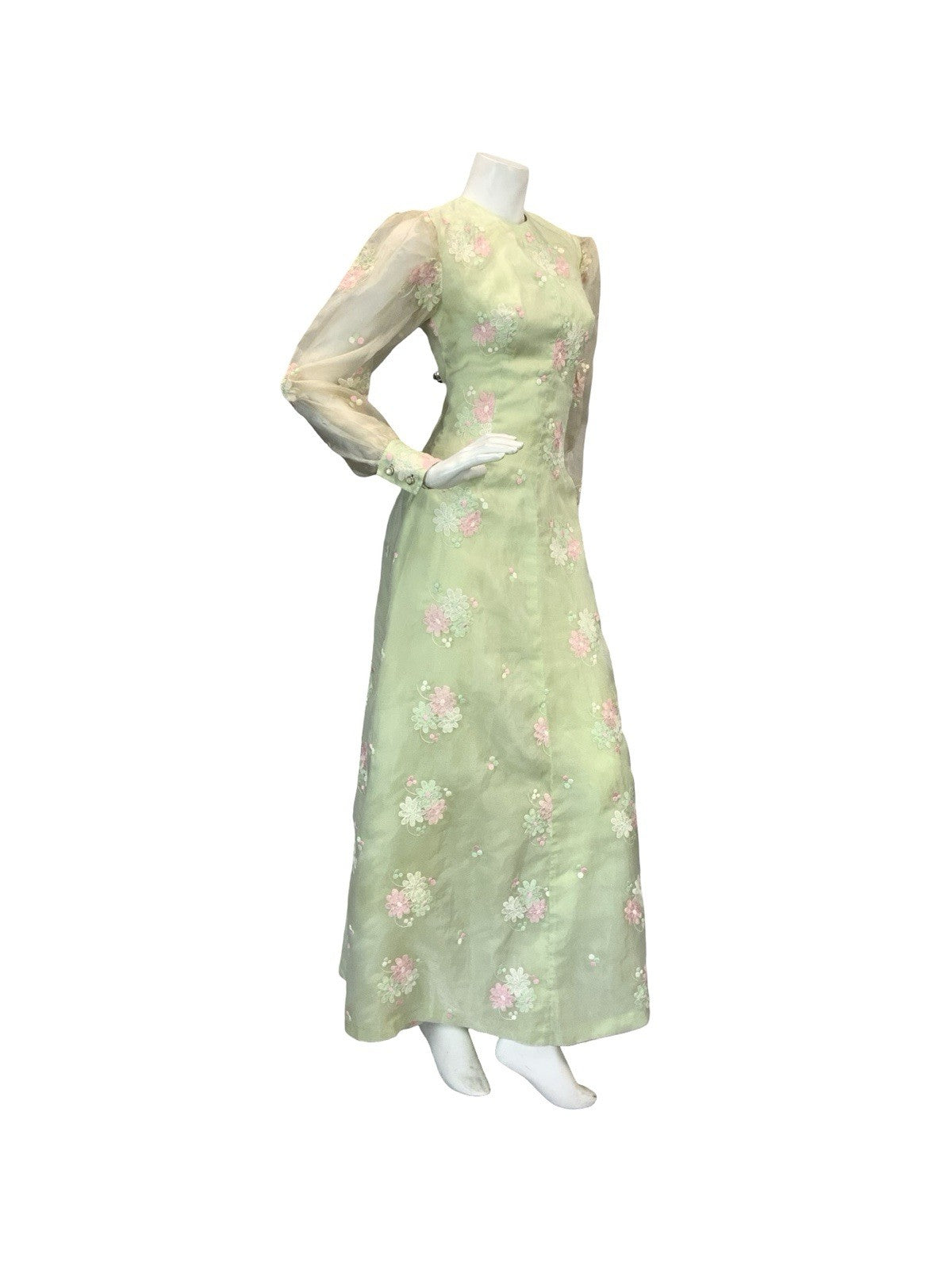 VTG 60S 70S GREEN PINK WHITE FLORAL EMBROIDERY MESH BISHOP SLEEVE MAXI DRESS 6 8