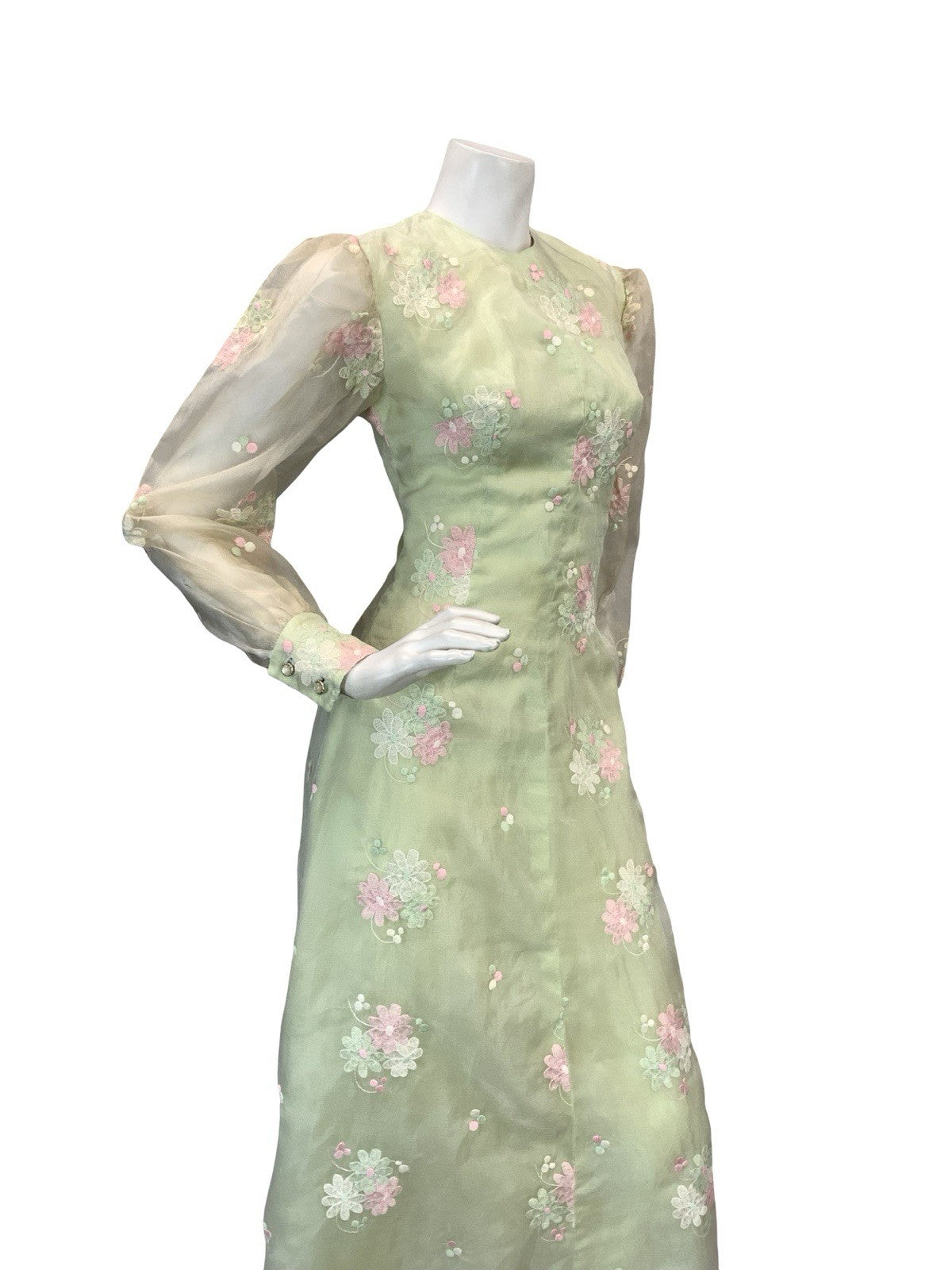 VTG 60S 70S GREEN PINK WHITE FLORAL EMBROIDERY MESH BISHOP SLEEVE MAXI DRESS 6 8