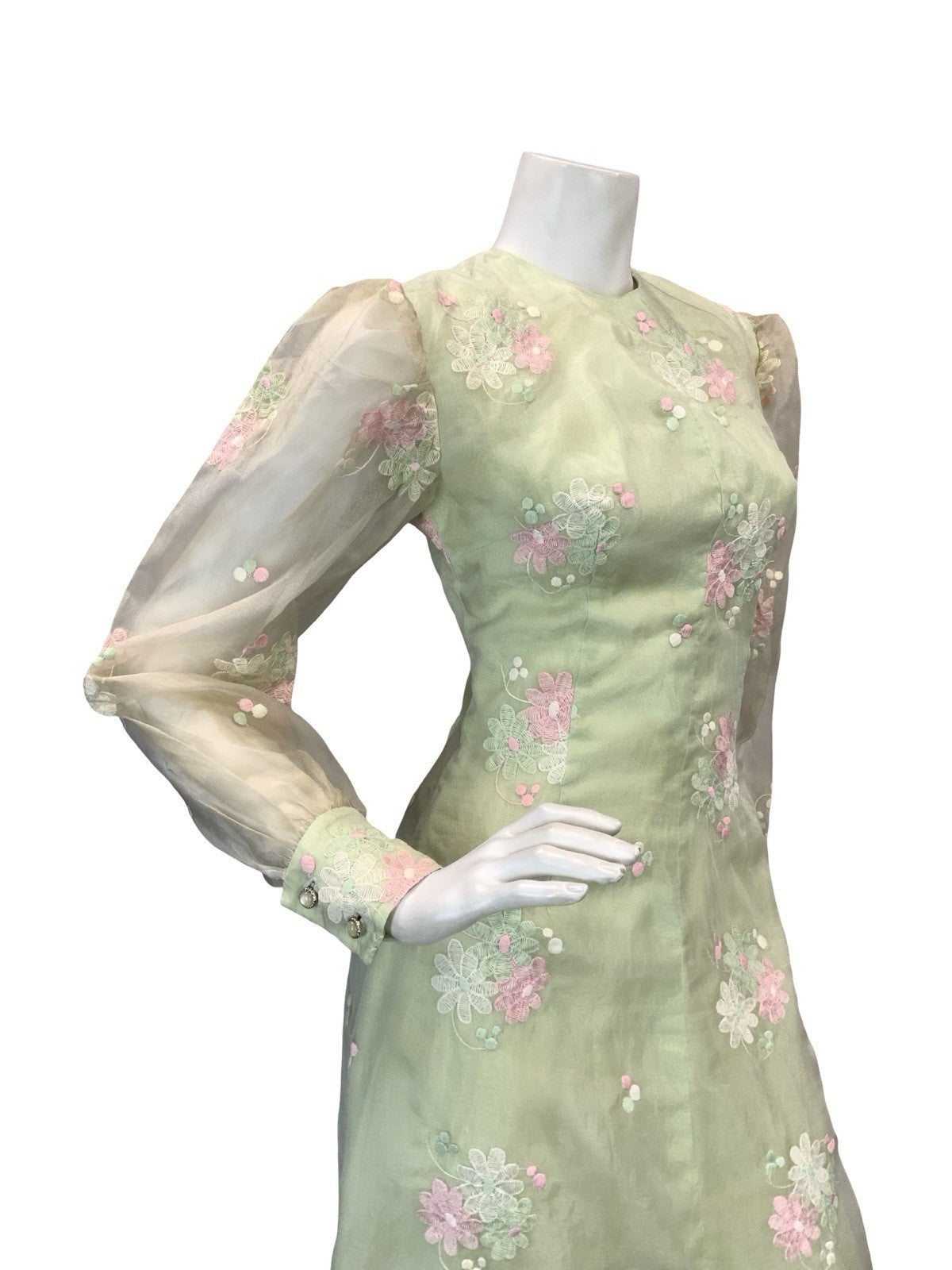 VTG 60S 70S GREEN PINK WHITE FLORAL EMBROIDERY MESH BISHOP SLEEVE MAXI DRESS 6 8