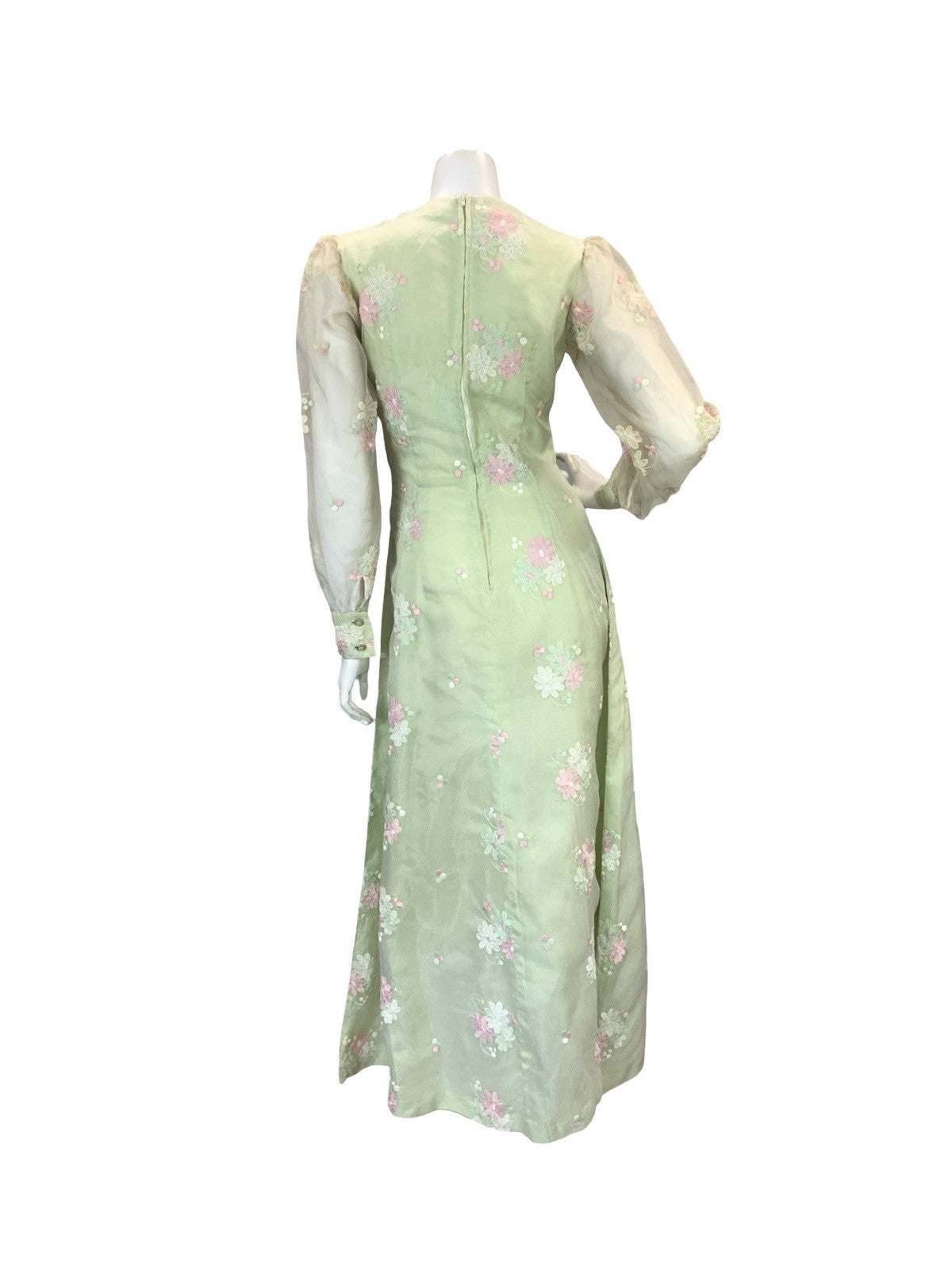 VTG 60S 70S GREEN PINK WHITE FLORAL EMBROIDERY MESH BISHOP SLEEVE MAXI DRESS 6 8
