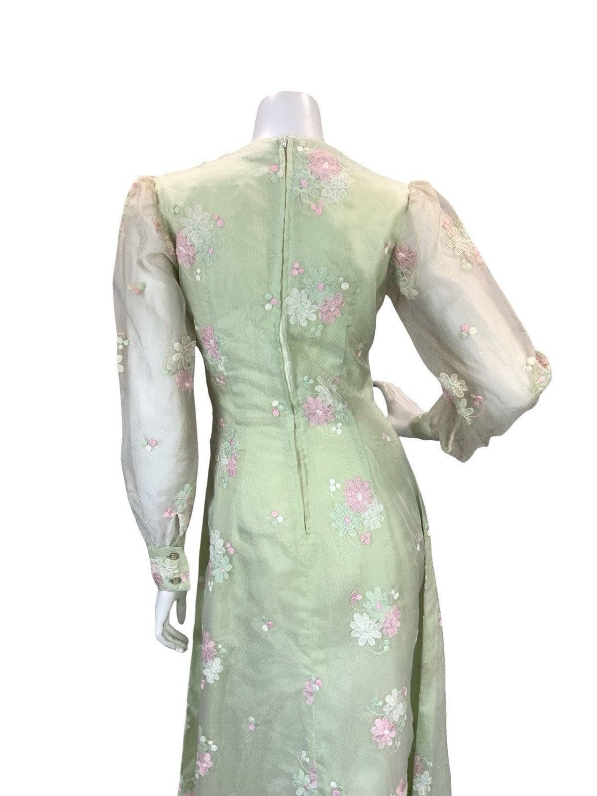 VTG 60S 70S GREEN PINK WHITE FLORAL EMBROIDERY MESH BISHOP SLEEVE MAXI DRESS 6 8