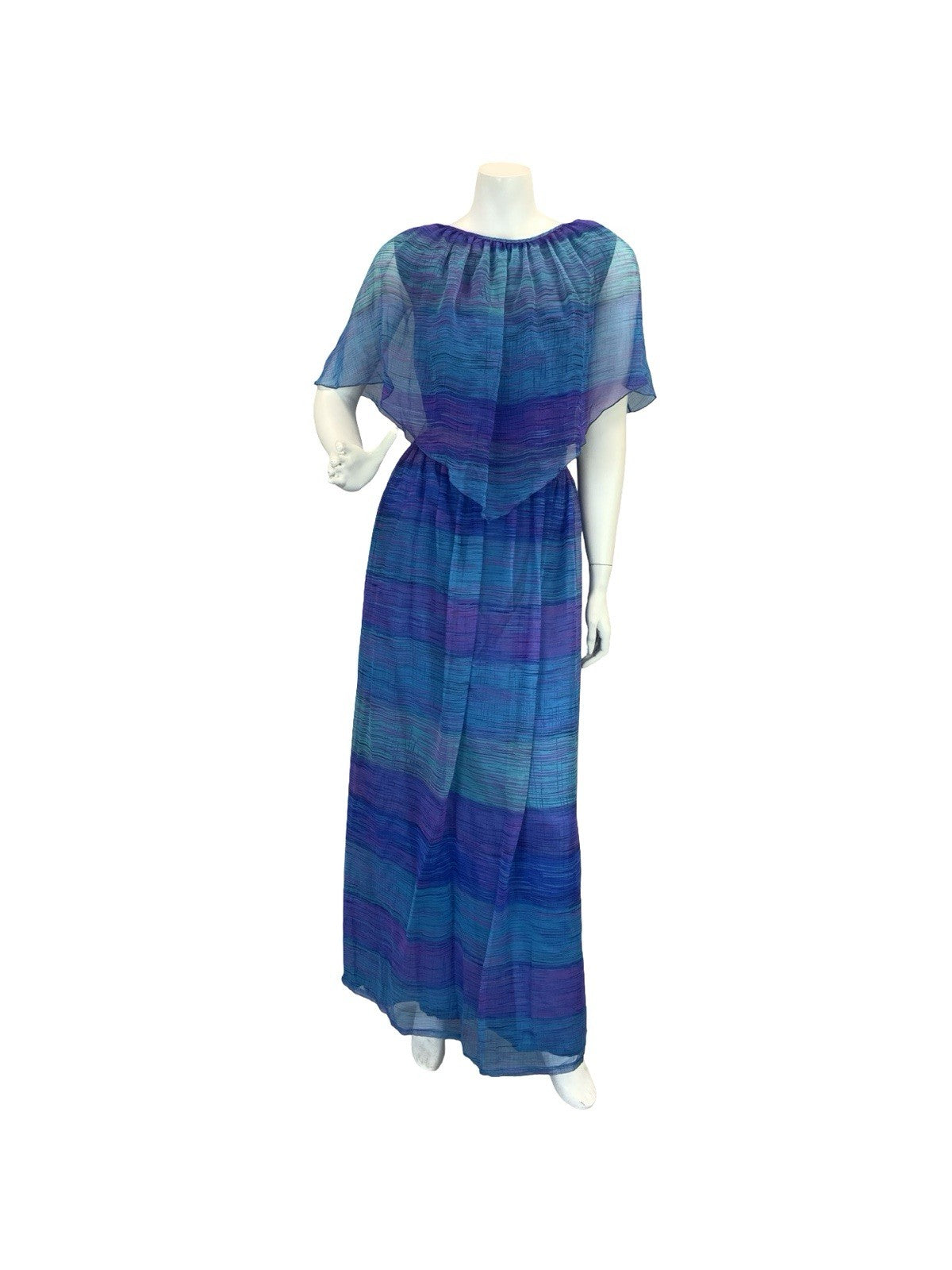 VTG 60S 70S BLUE PURPLE BOHO STRIPED GEOMETRIC MESH CAPE SLEEVE MAXI DRESS 10 12