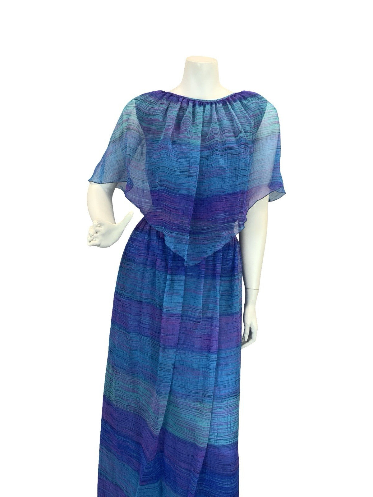 VTG 60S 70S BLUE PURPLE BOHO STRIPED GEOMETRIC MESH CAPE SLEEVE MAXI DRESS 10 12