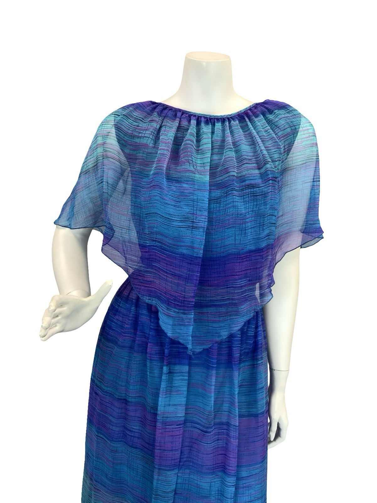 VTG 60S 70S BLUE PURPLE BOHO STRIPED GEOMETRIC MESH CAPE SLEEVE MAXI DRESS 10 12