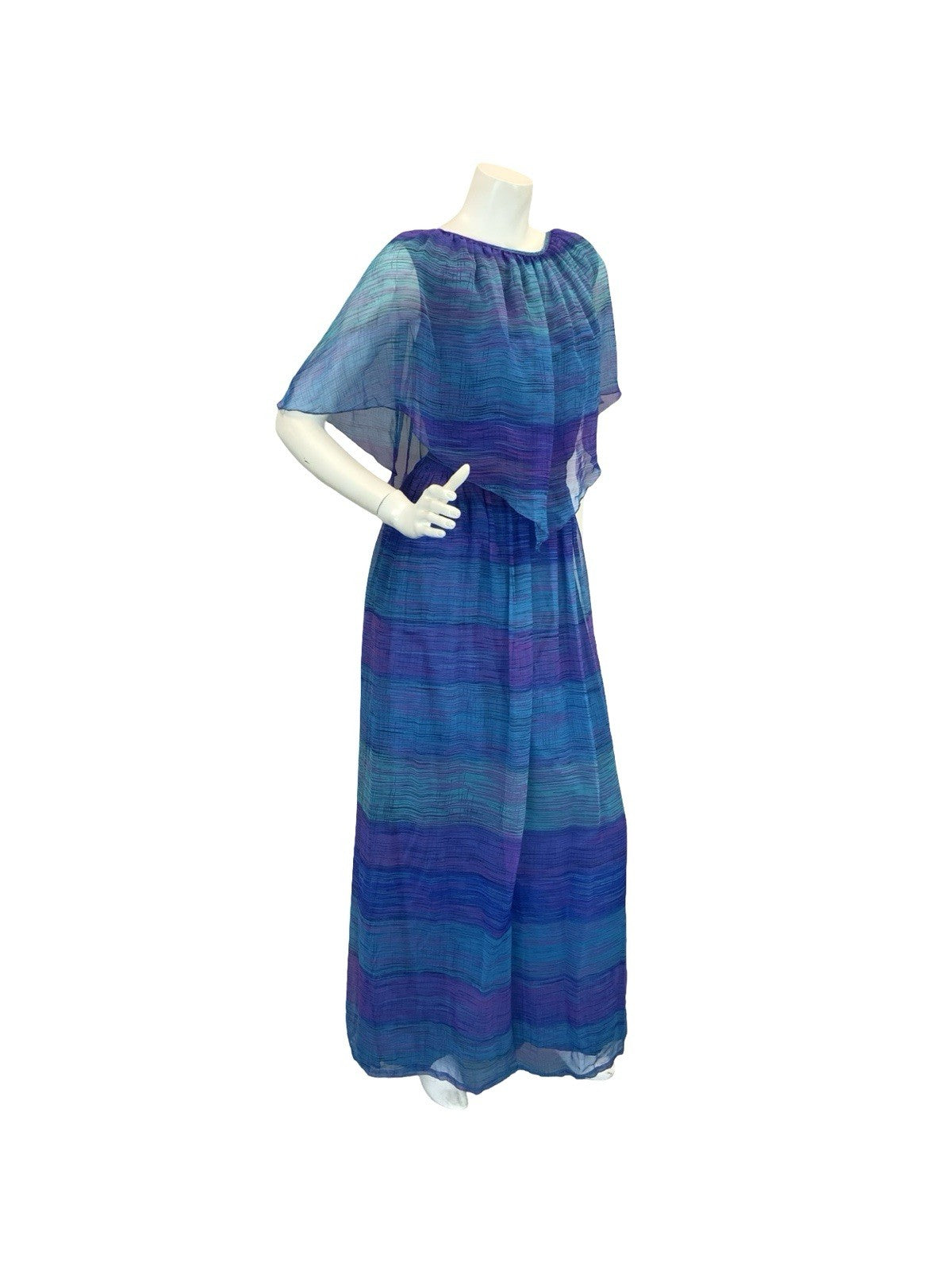 VTG 60S 70S BLUE PURPLE BOHO STRIPED GEOMETRIC MESH CAPE SLEEVE MAXI DRESS 10 12