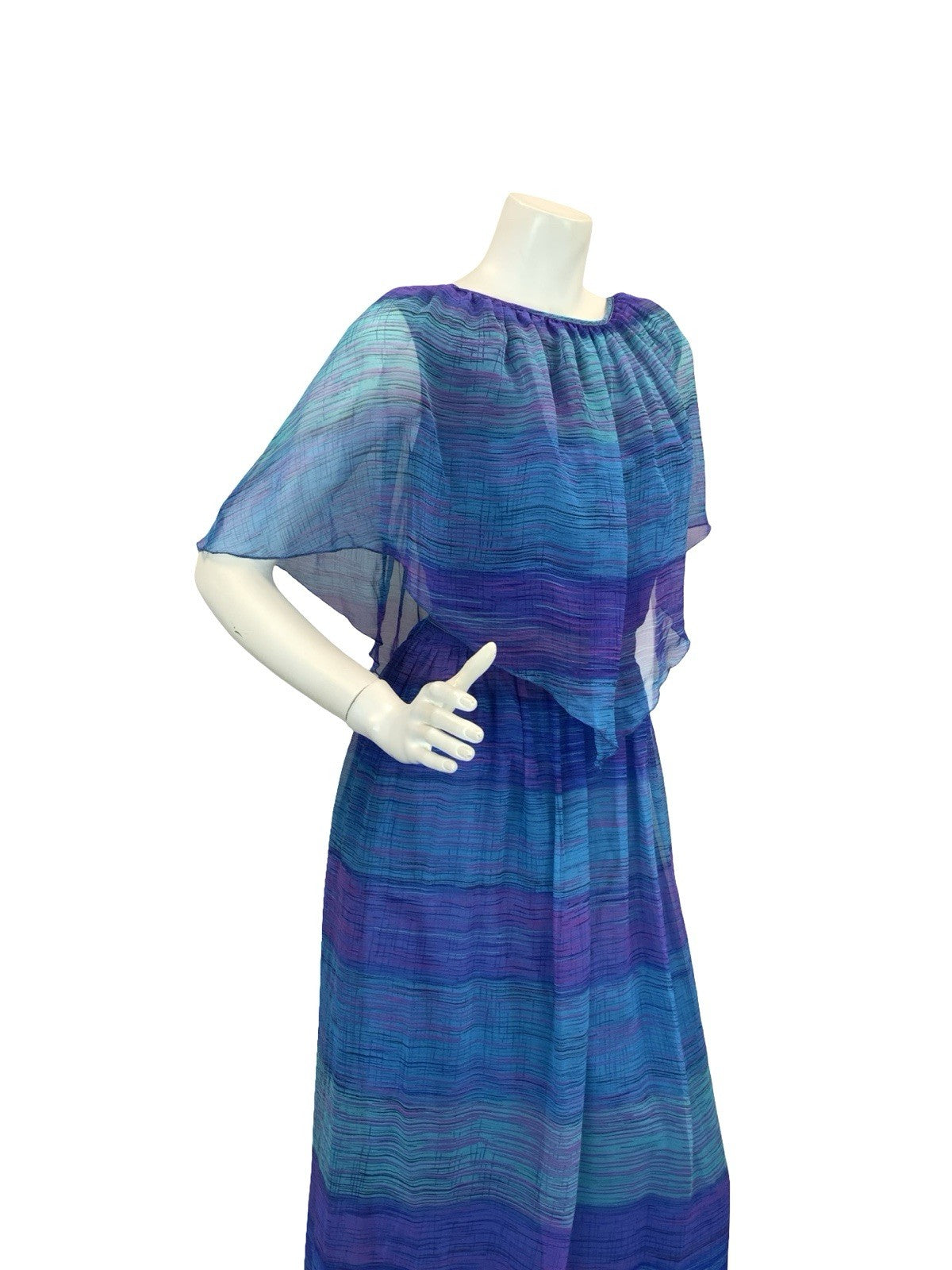 VTG 60S 70S BLUE PURPLE BOHO STRIPED GEOMETRIC MESH CAPE SLEEVE MAXI DRESS 10 12