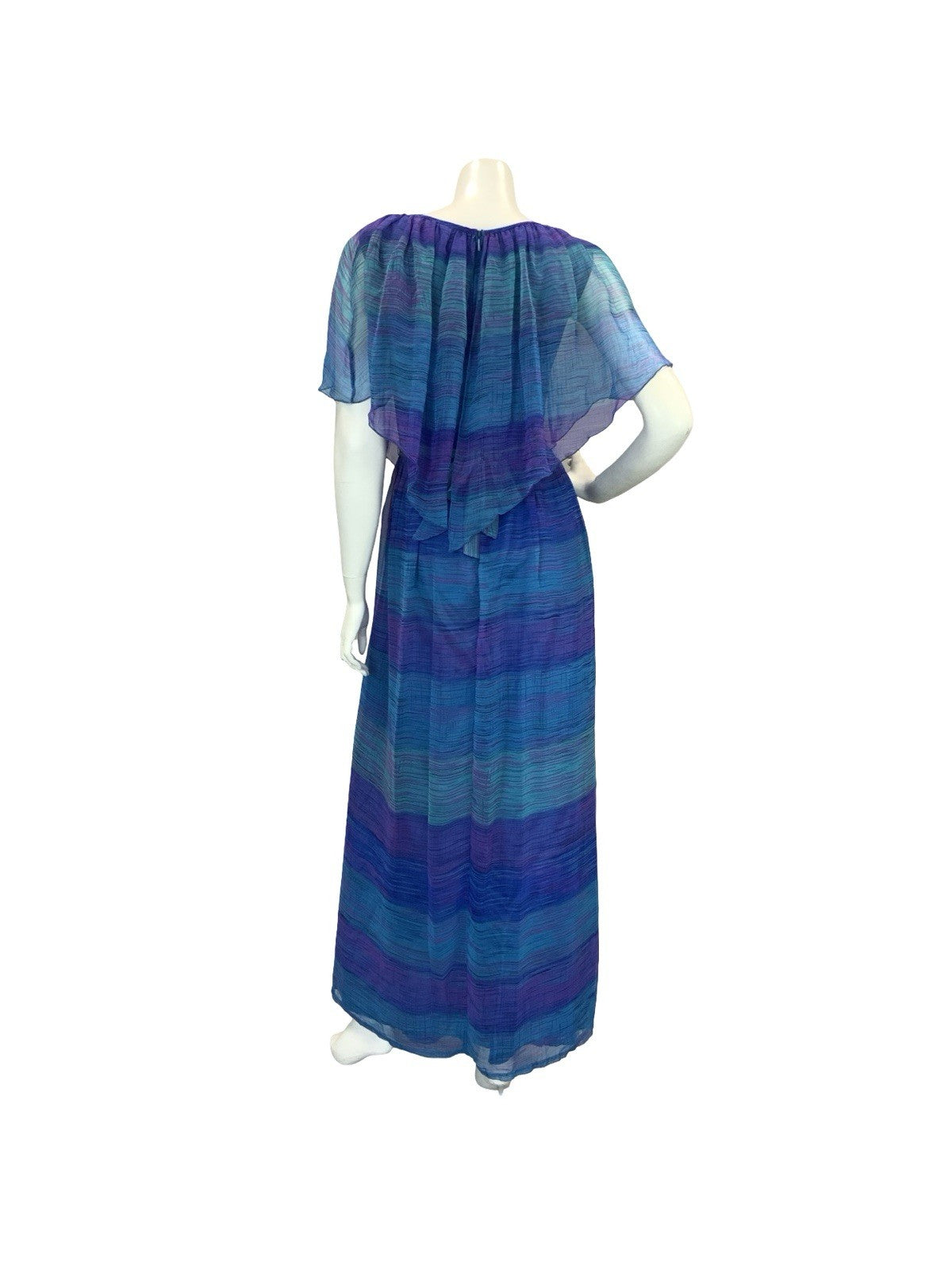 VTG 60S 70S BLUE PURPLE BOHO STRIPED GEOMETRIC MESH CAPE SLEEVE MAXI DRESS 10 12