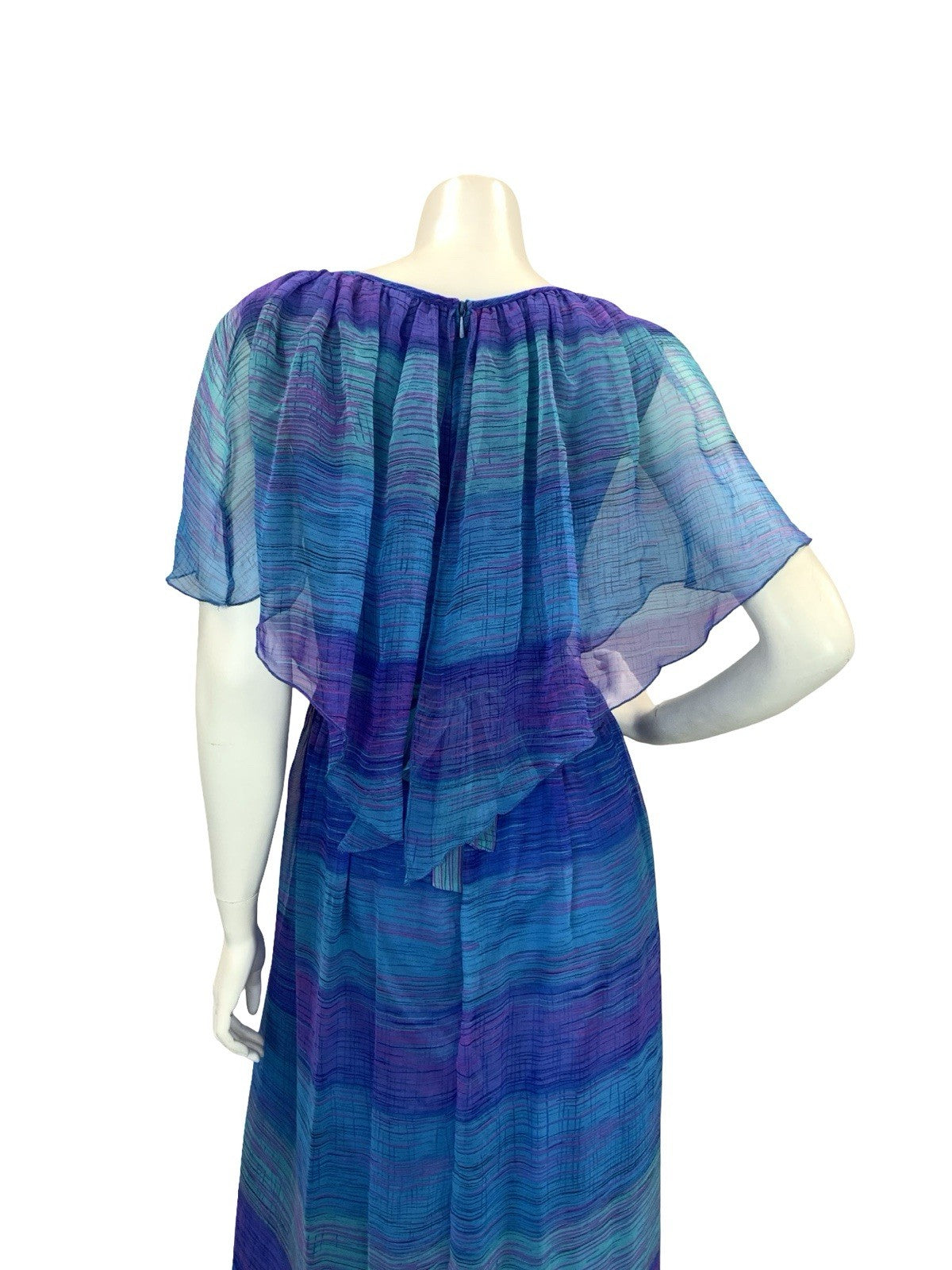 VTG 60S 70S BLUE PURPLE BOHO STRIPED GEOMETRIC MESH CAPE SLEEVE MAXI DRESS 10 12