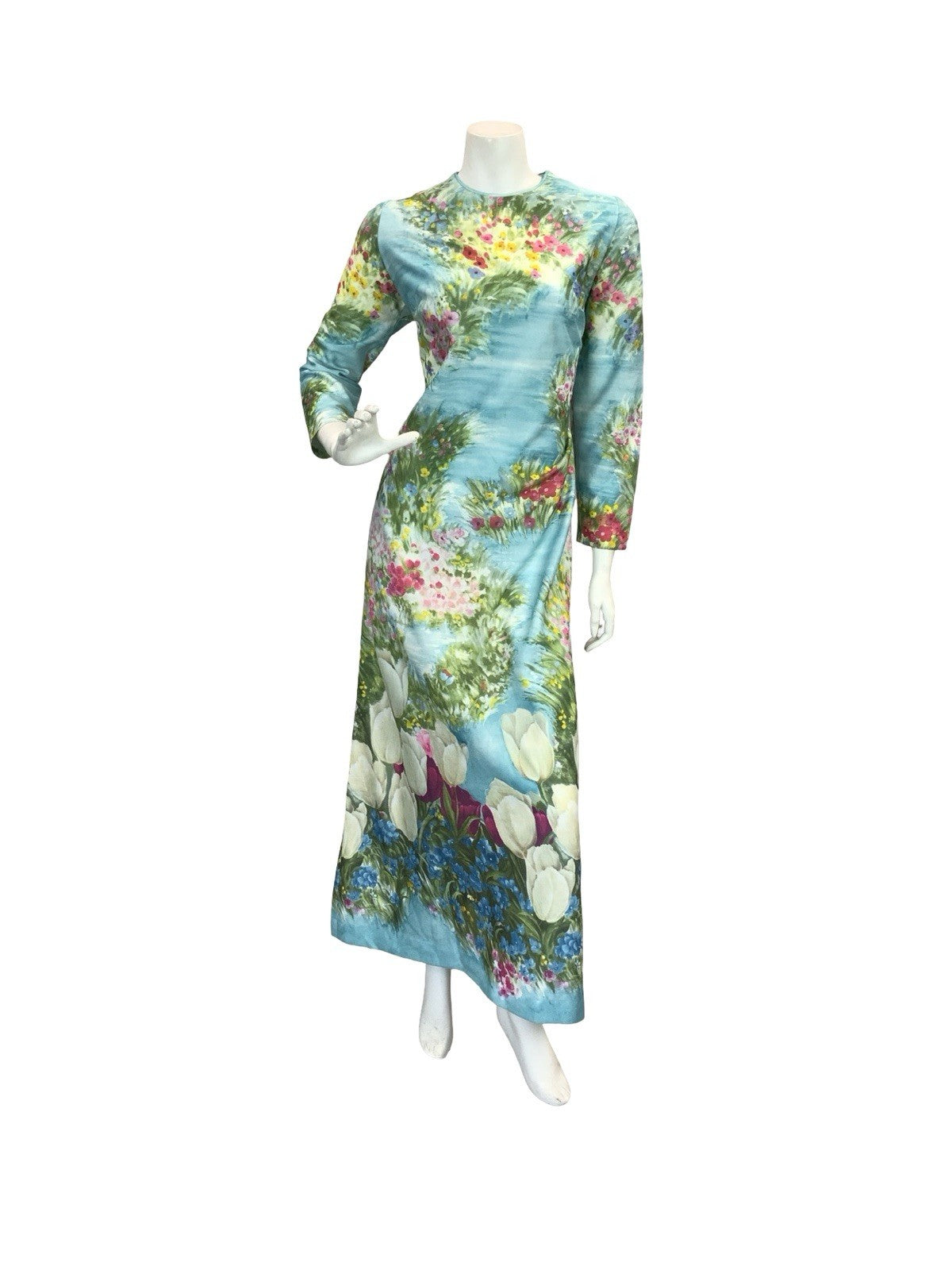 VTG 60S 70S BLUE GREEN PINK YELLOW WATER FLORAL GARDEN TULIP MAXI DRESS 14