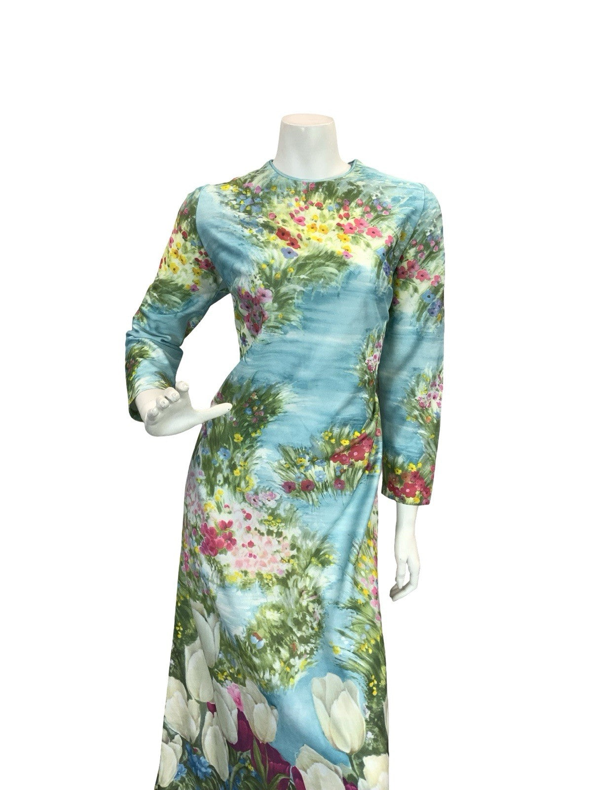 VTG 60S 70S BLUE GREEN PINK YELLOW WATER FLORAL GARDEN TULIP MAXI DRESS 14