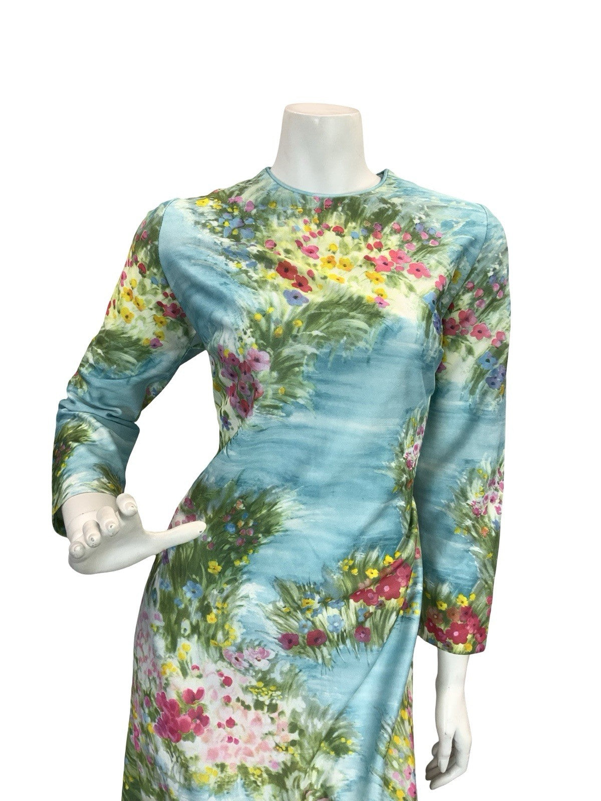 VTG 60S 70S BLUE GREEN PINK YELLOW WATER FLORAL GARDEN TULIP MAXI DRESS 14