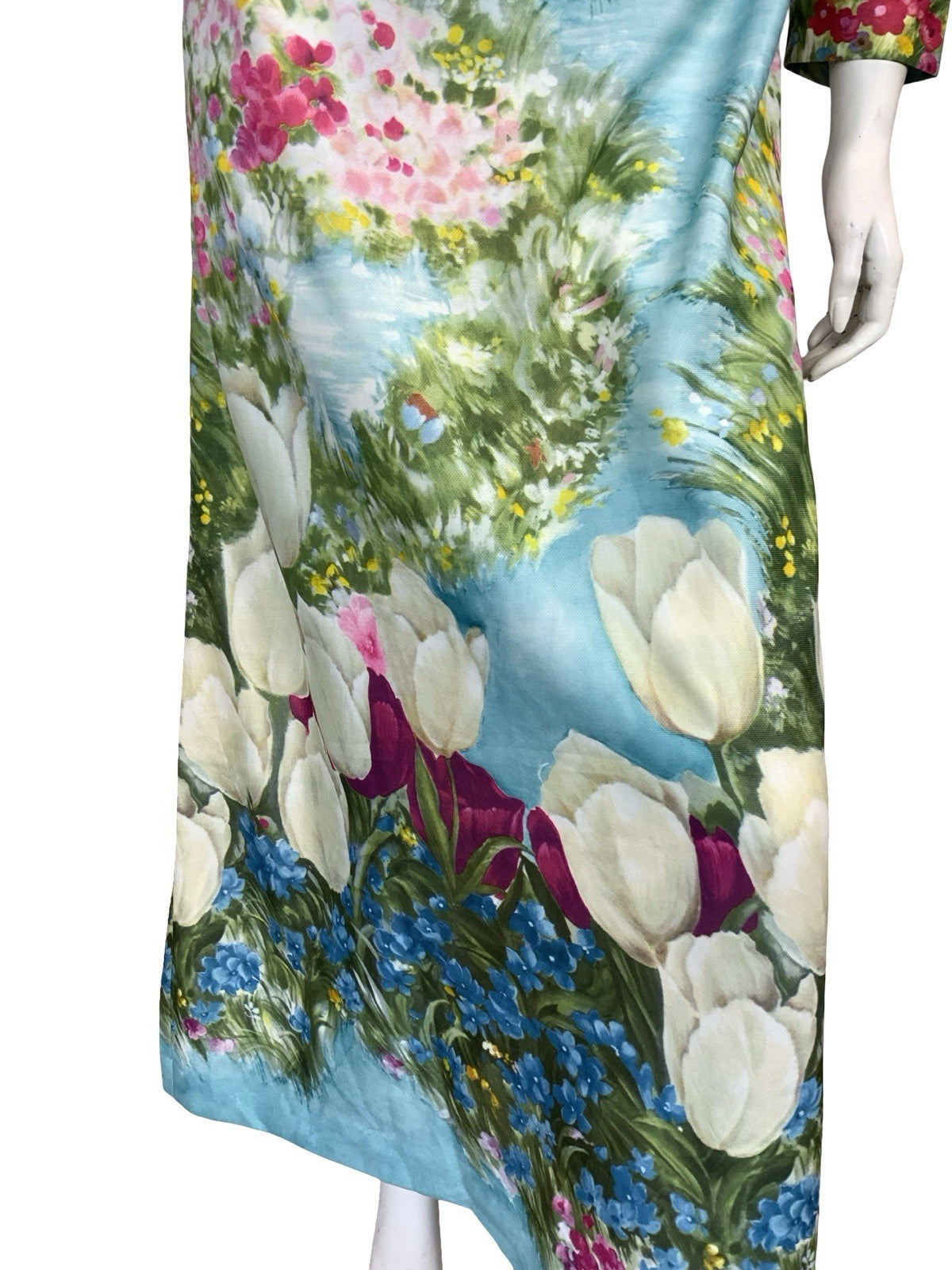 VTG 60S 70S BLUE GREEN PINK YELLOW WATER FLORAL GARDEN TULIP MAXI DRESS 14