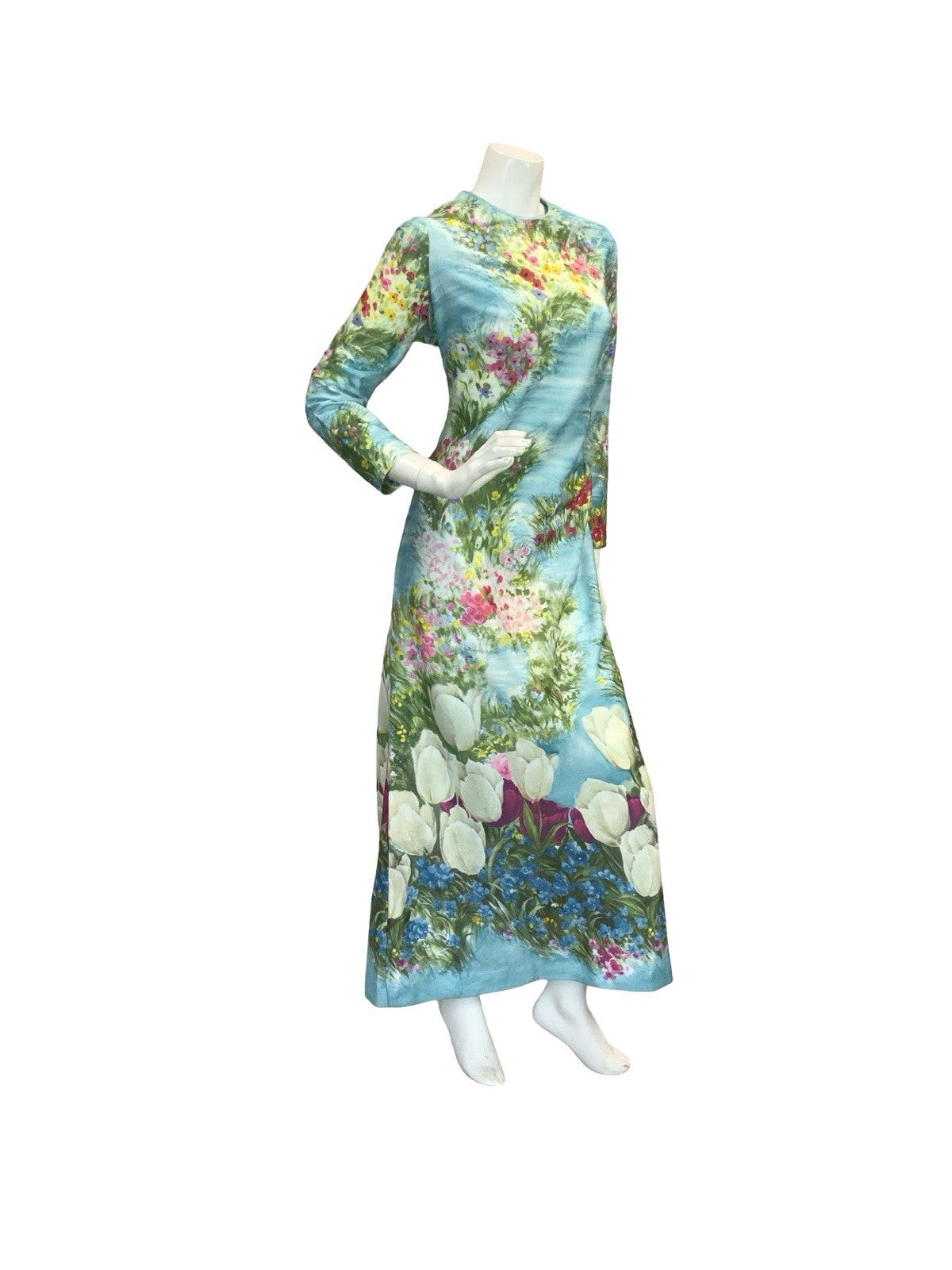 VTG 60S 70S BLUE GREEN PINK YELLOW WATER FLORAL GARDEN TULIP MAXI DRESS 14