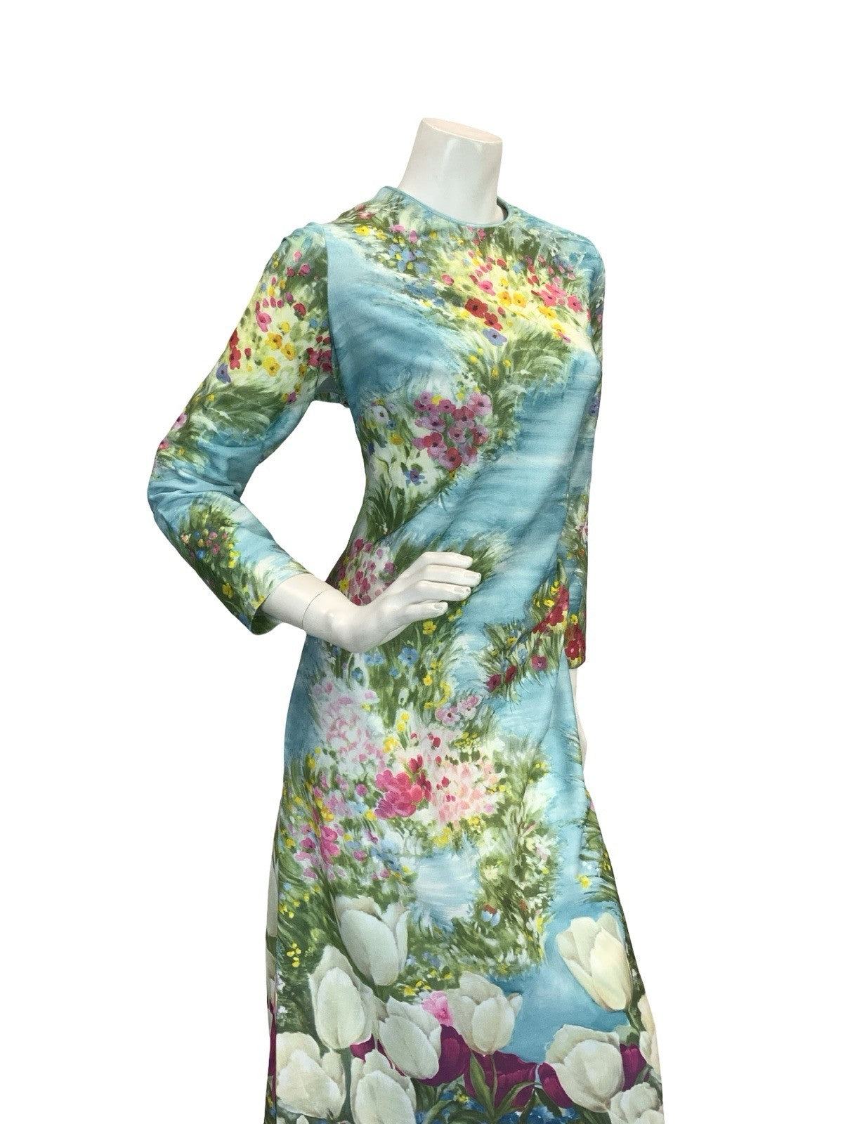 VTG 60S 70S BLUE GREEN PINK YELLOW WATER FLORAL GARDEN TULIP MAXI DRESS 14