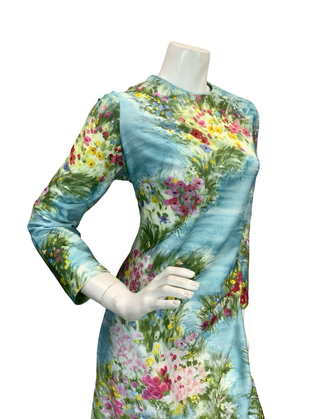 VTG 60S 70S BLUE GREEN PINK YELLOW WATER FLORAL GARDEN TULIP MAXI DRESS 14