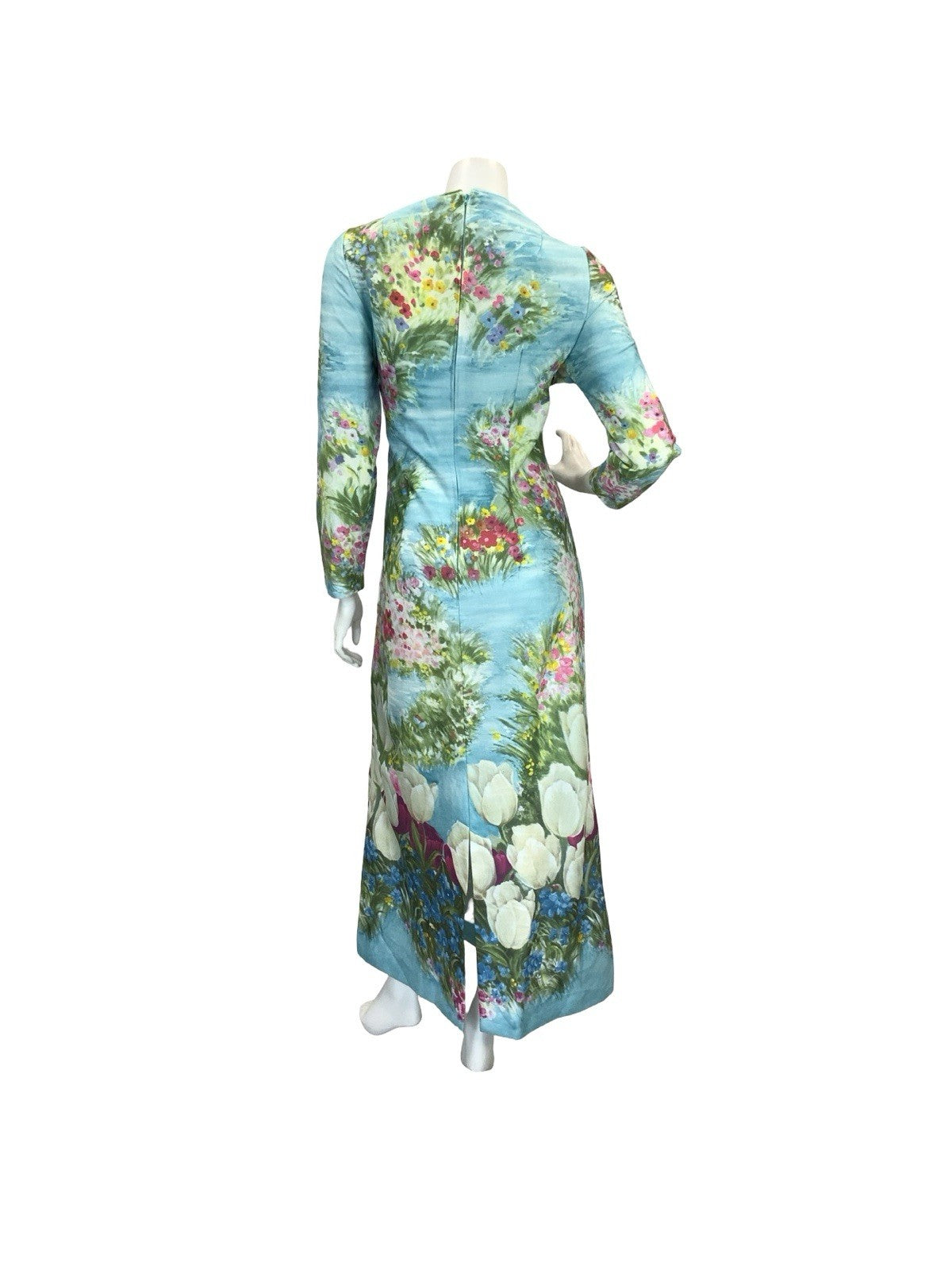 VTG 60S 70S BLUE GREEN PINK YELLOW WATER FLORAL GARDEN TULIP MAXI DRESS 14